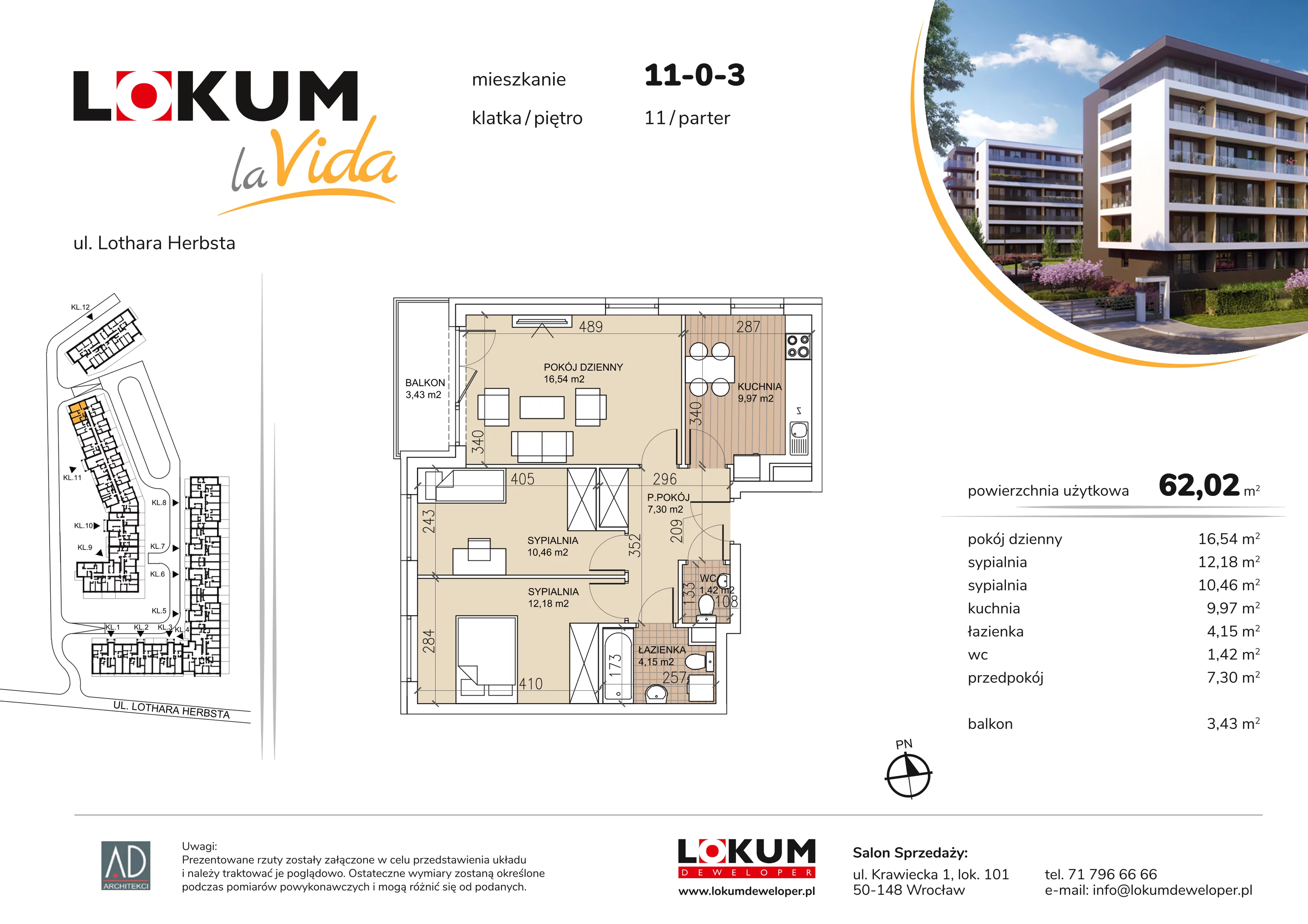 3 pokoje, mieszkanie 62,02 m², parter, oferta nr 11-0-3, Lokum la Vida Etap II, Wrocław, Sołtysowice, ul. Lothara Herbsta