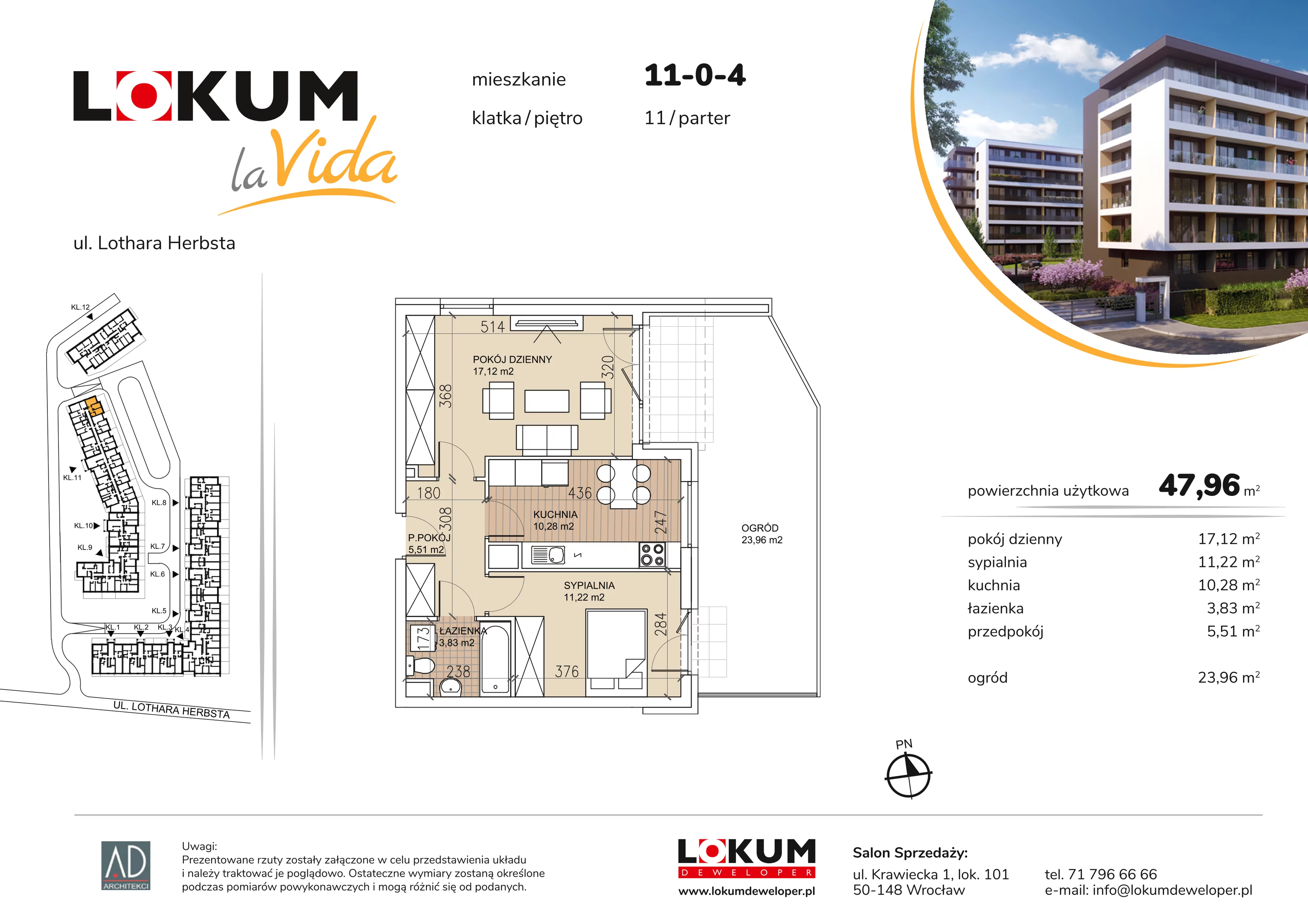 2 pokoje, mieszkanie 47,96 m², parter, oferta nr 11-0-4, Lokum la Vida Etap II, Wrocław, Sołtysowice, ul. Lothara Herbsta