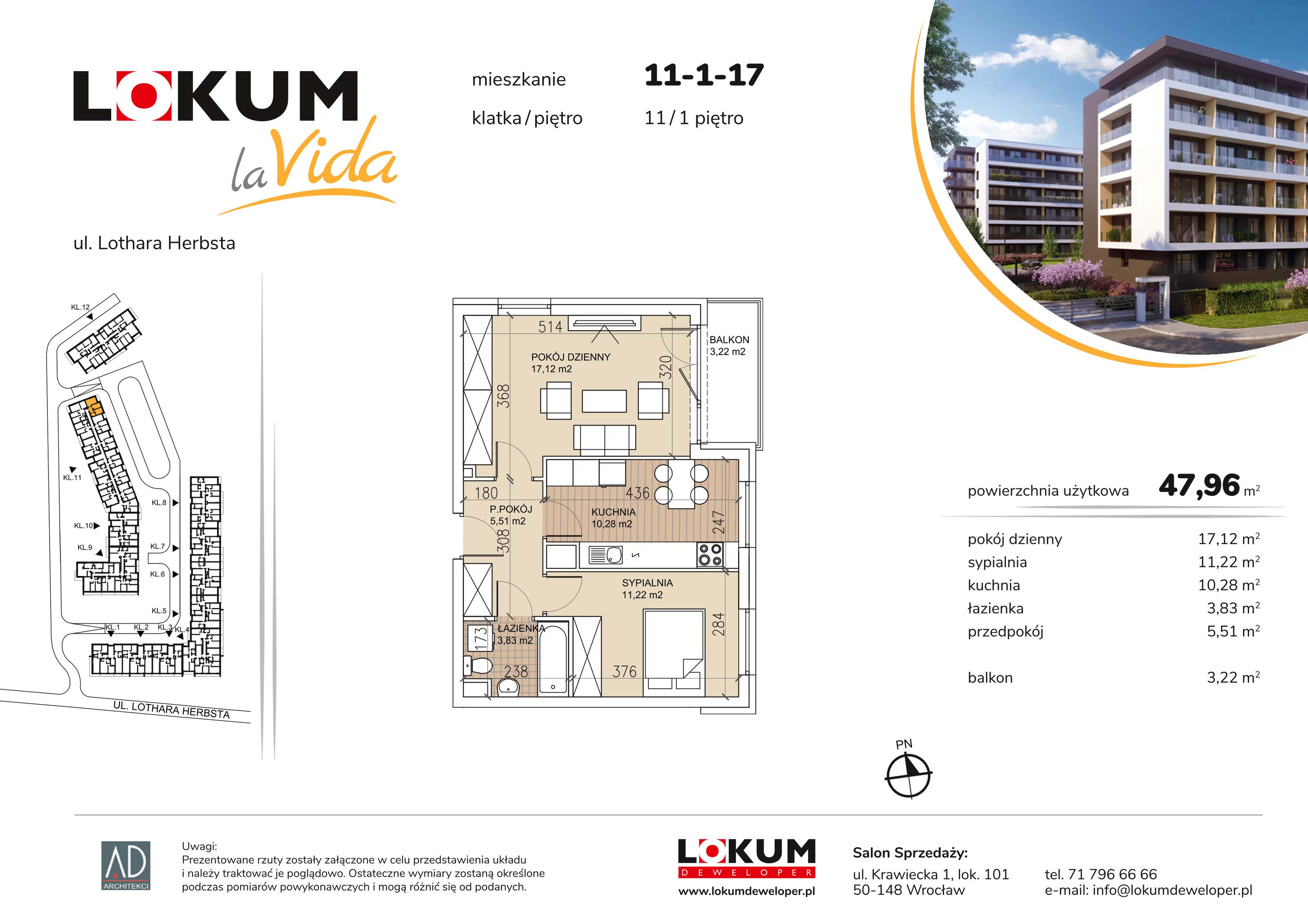 2 pokoje, mieszkanie 47,96 m², piętro 1, oferta nr 11-1-17, Lokum la Vida Etap II, Wrocław, Sołtysowice, ul. Lothara Herbsta