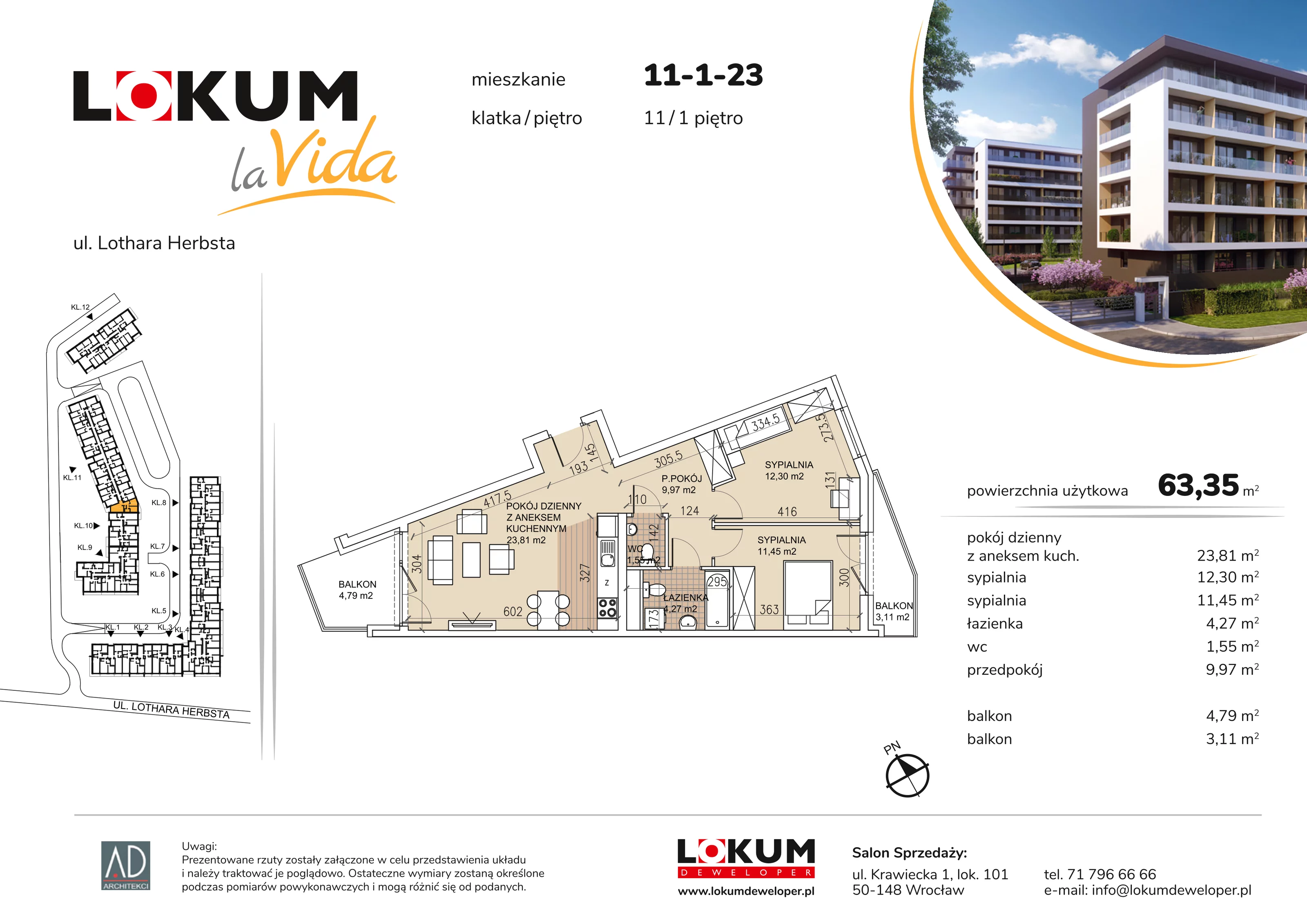 3 pokoje, mieszkanie 63,35 m², piętro 1, oferta nr 11-1-23, Lokum la Vida Etap II, Wrocław, Sołtysowice, ul. Lothara Herbsta