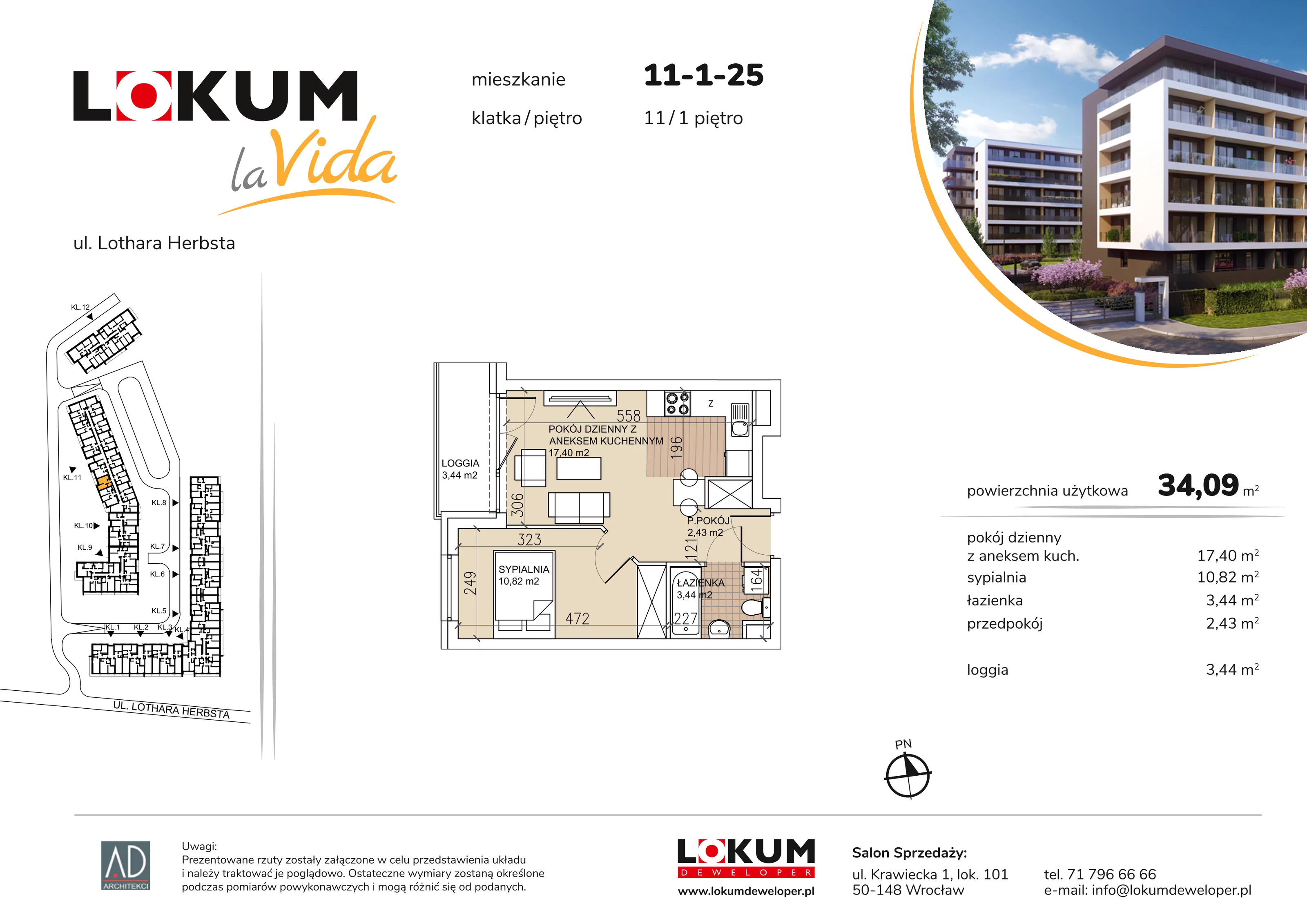 2 pokoje, mieszkanie 34,09 m², piętro 1, oferta nr 11-1-25, Lokum la Vida Etap II, Wrocław, Sołtysowice, ul. Lothara Herbsta