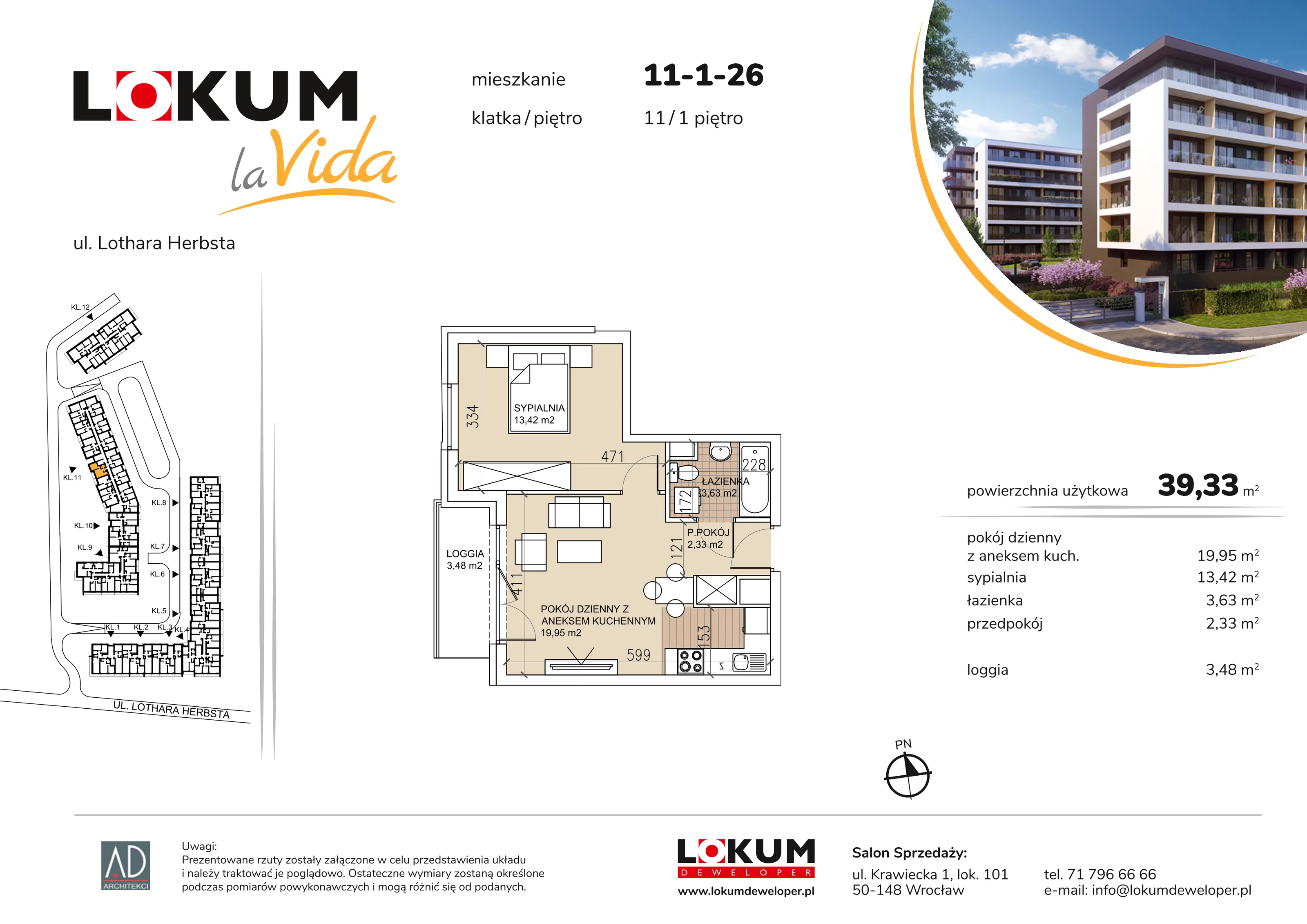 2 pokoje, mieszkanie 39,33 m², piętro 1, oferta nr 11-1-26, Lokum la Vida Etap II, Wrocław, Sołtysowice, ul. Lothara Herbsta