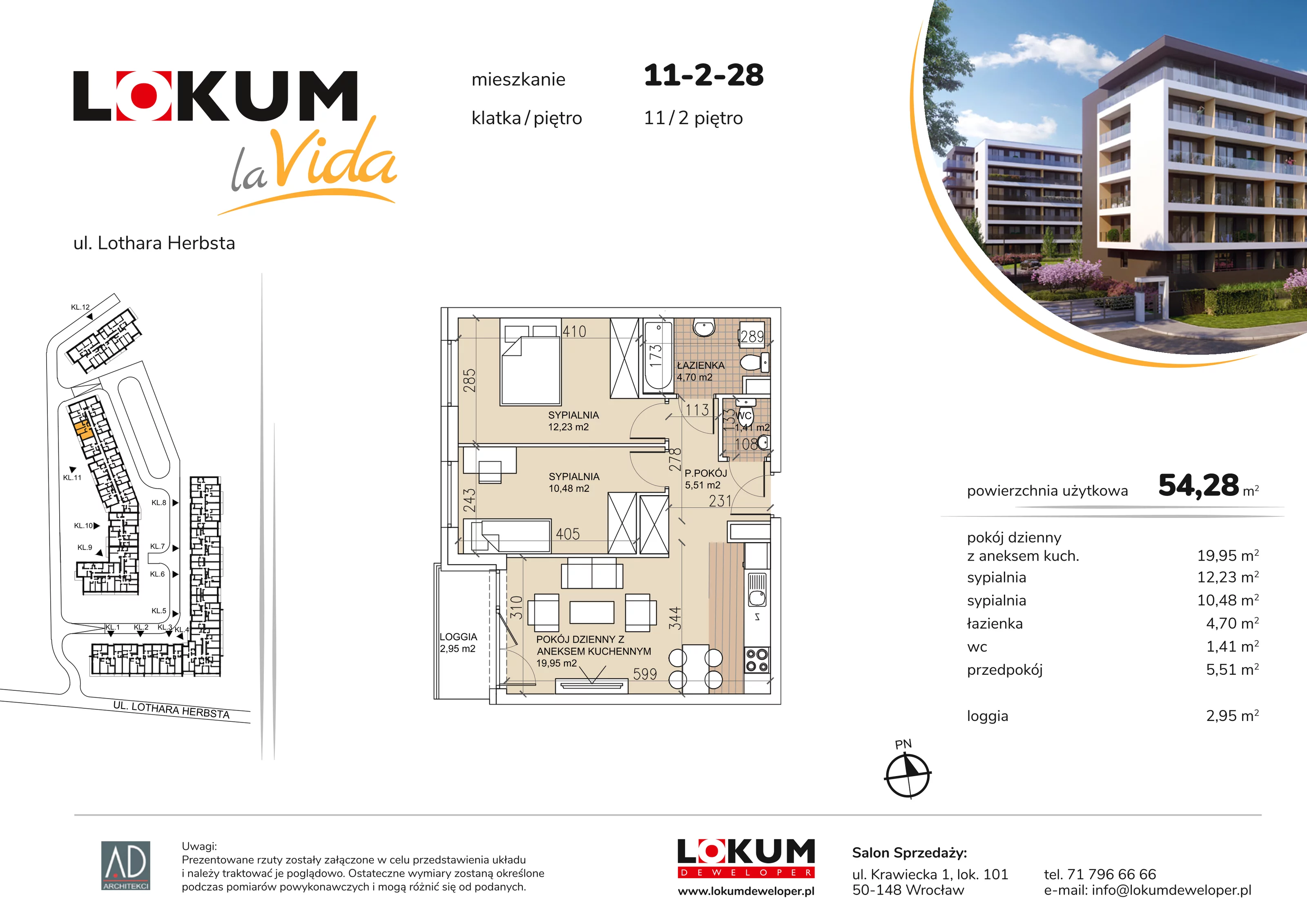 3 pokoje, mieszkanie 54,28 m², piętro 1, oferta nr 11-2-28, Lokum la Vida Etap II, Wrocław, Sołtysowice, ul. Lothara Herbsta