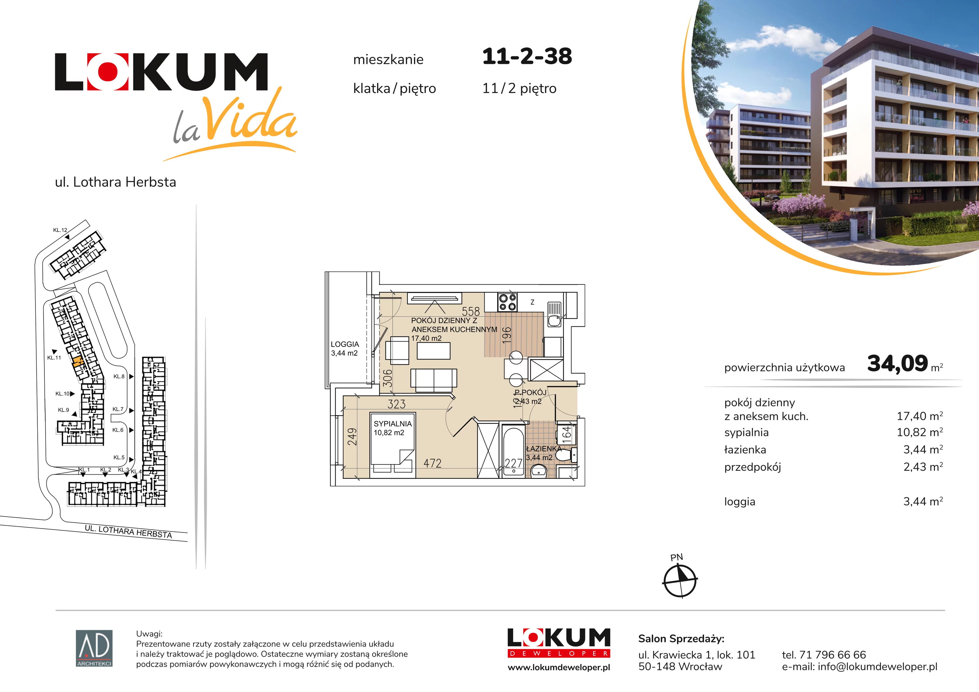 2 pokoje, mieszkanie 34,09 m², piętro 1, oferta nr 11-2-38, Lokum la Vida Etap II, Wrocław, Sołtysowice, ul. Lothara Herbsta