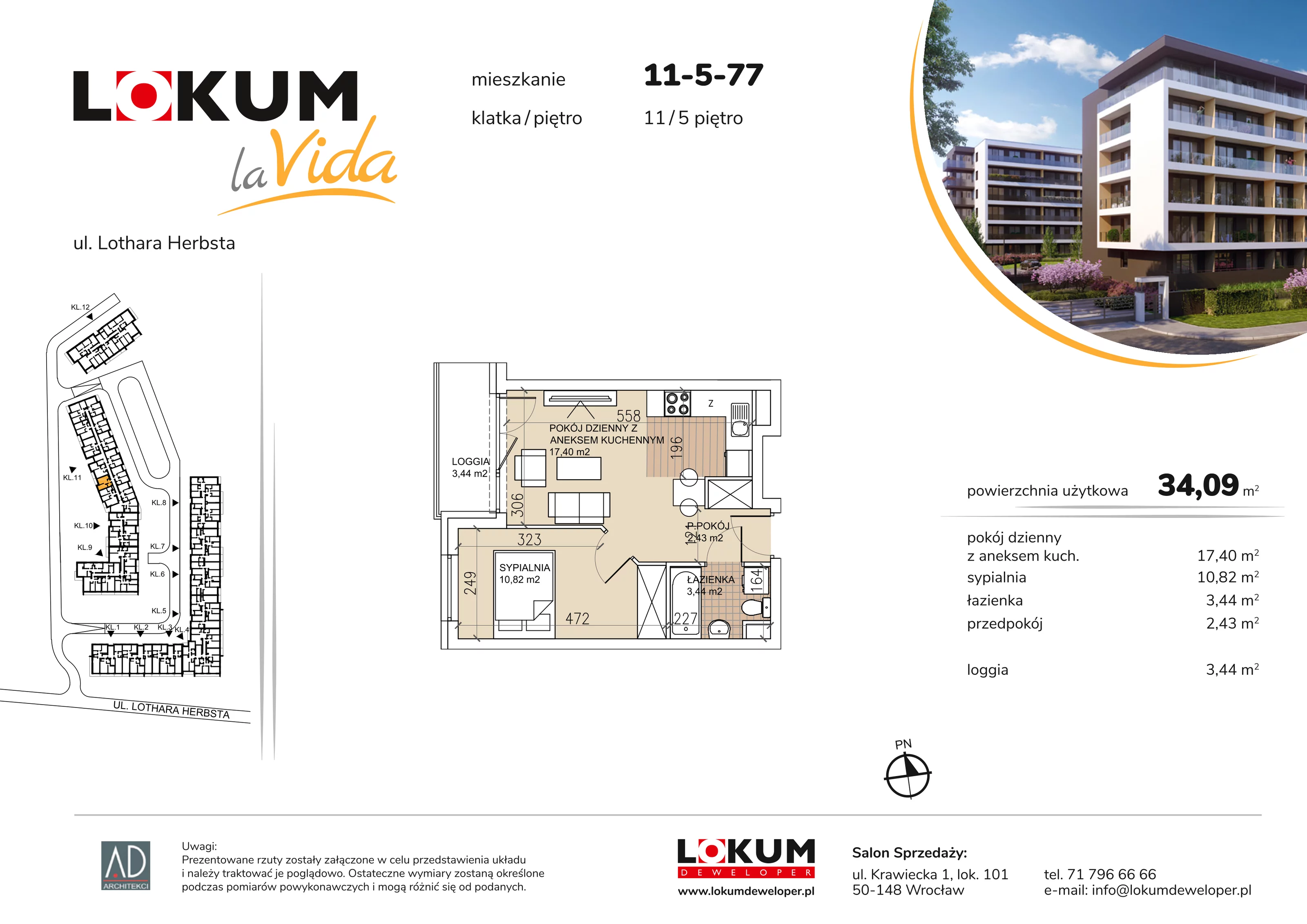 2 pokoje, mieszkanie 34,09 m², piętro 1, oferta nr 11-5-77, Lokum la Vida Etap II, Wrocław, Sołtysowice, ul. Lothara Herbsta