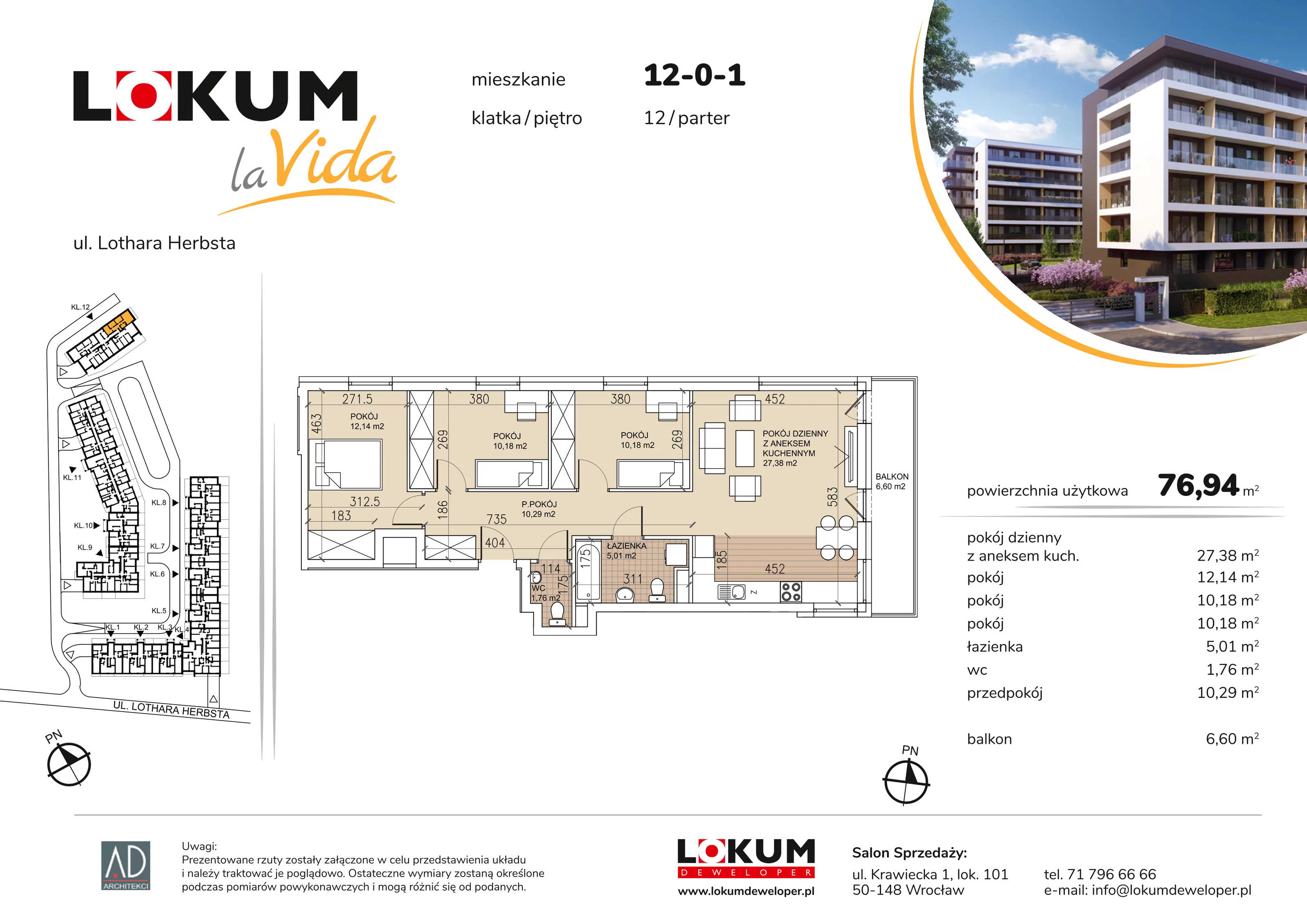 4 pokoje, mieszkanie 76,94 m², parter, oferta nr 12-0-1, Lokum la Vida Etap II, Wrocław, Sołtysowice, ul. Lothara Herbsta