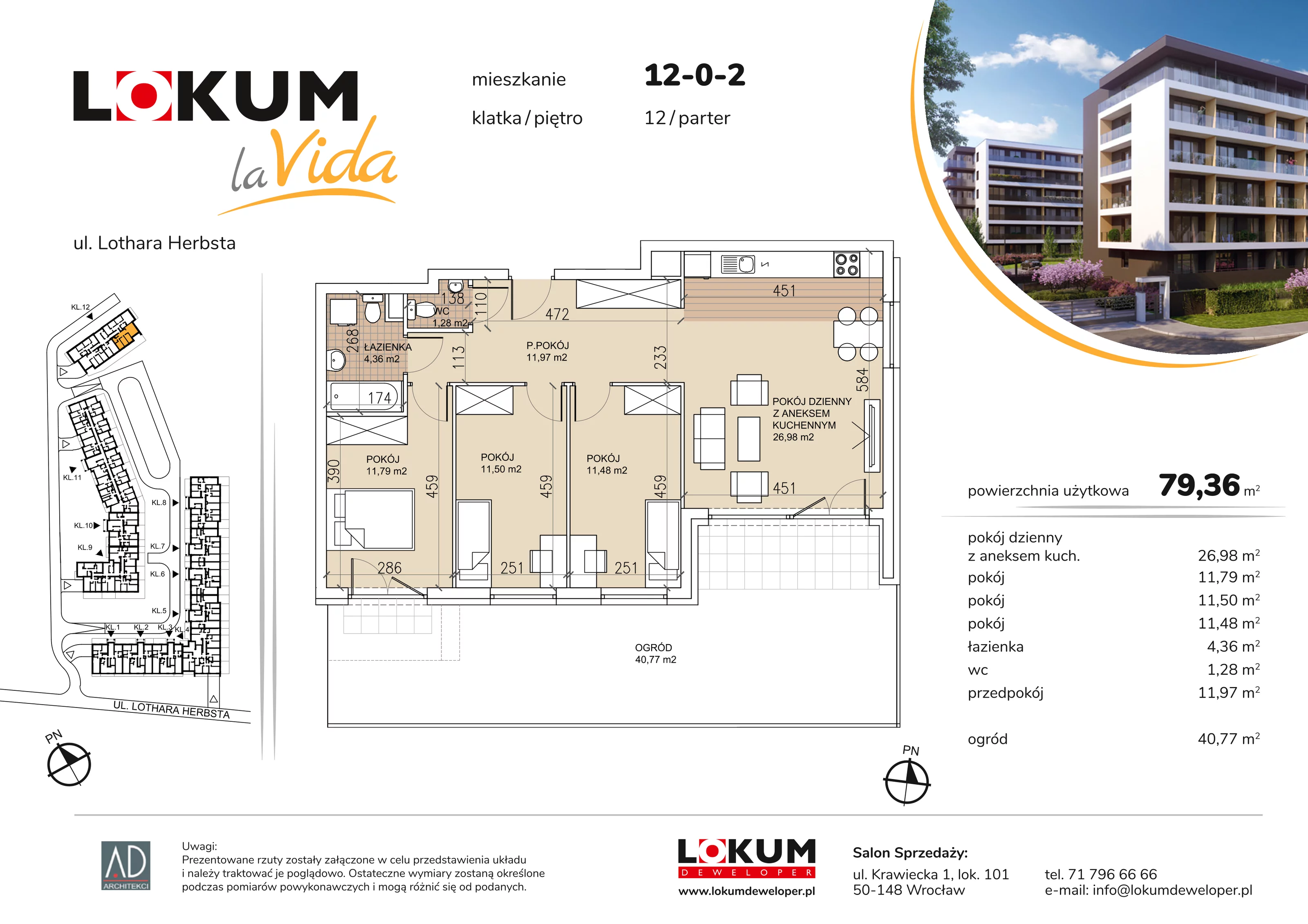 4 pokoje, mieszkanie 79,36 m², parter, oferta nr 12-0-2, Lokum la Vida Etap II, Wrocław, Sołtysowice, ul. Lothara Herbsta