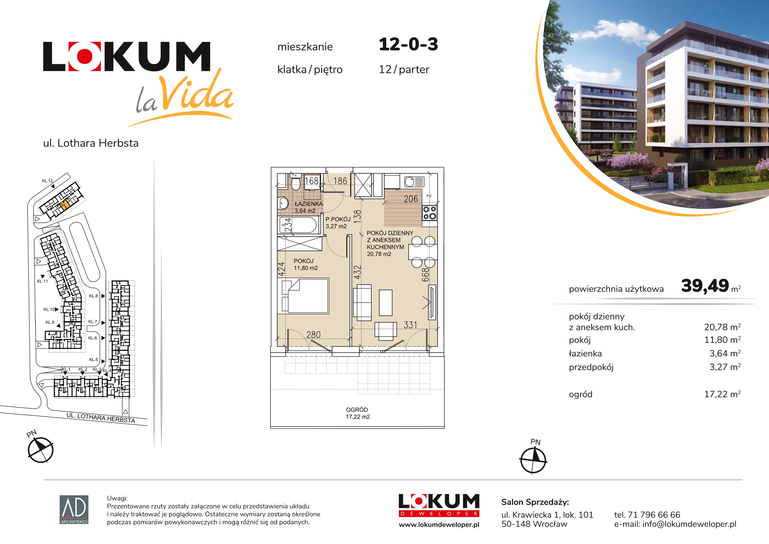2 pokoje, mieszkanie 39,49 m², parter, oferta nr 12-0-3, Lokum la Vida Etap II, Wrocław, Sołtysowice, ul. Lothara Herbsta