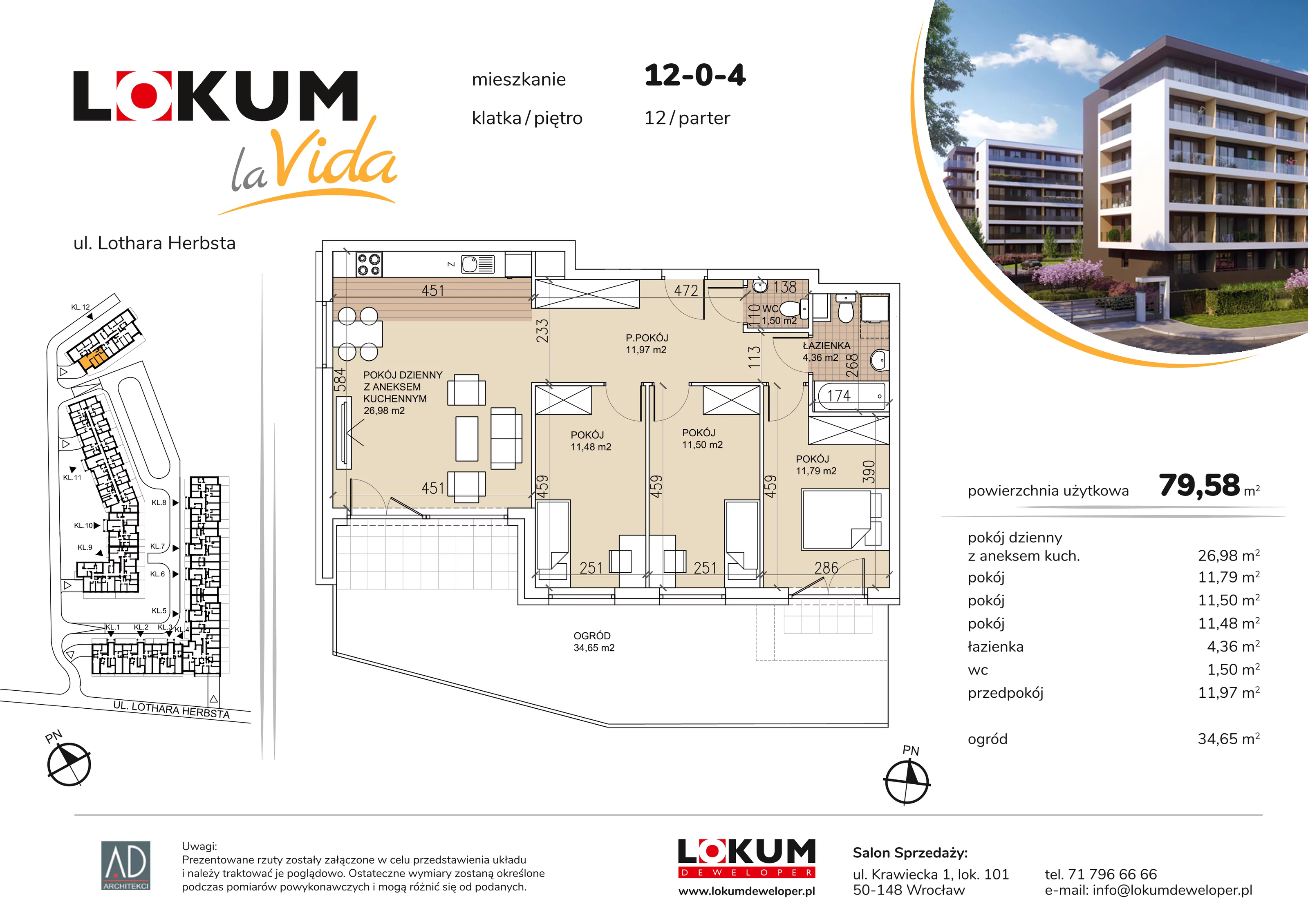 4 pokoje, mieszkanie 79,58 m², parter, oferta nr 12-0-4, Lokum la Vida Etap II, Wrocław, Sołtysowice, ul. Lothara Herbsta