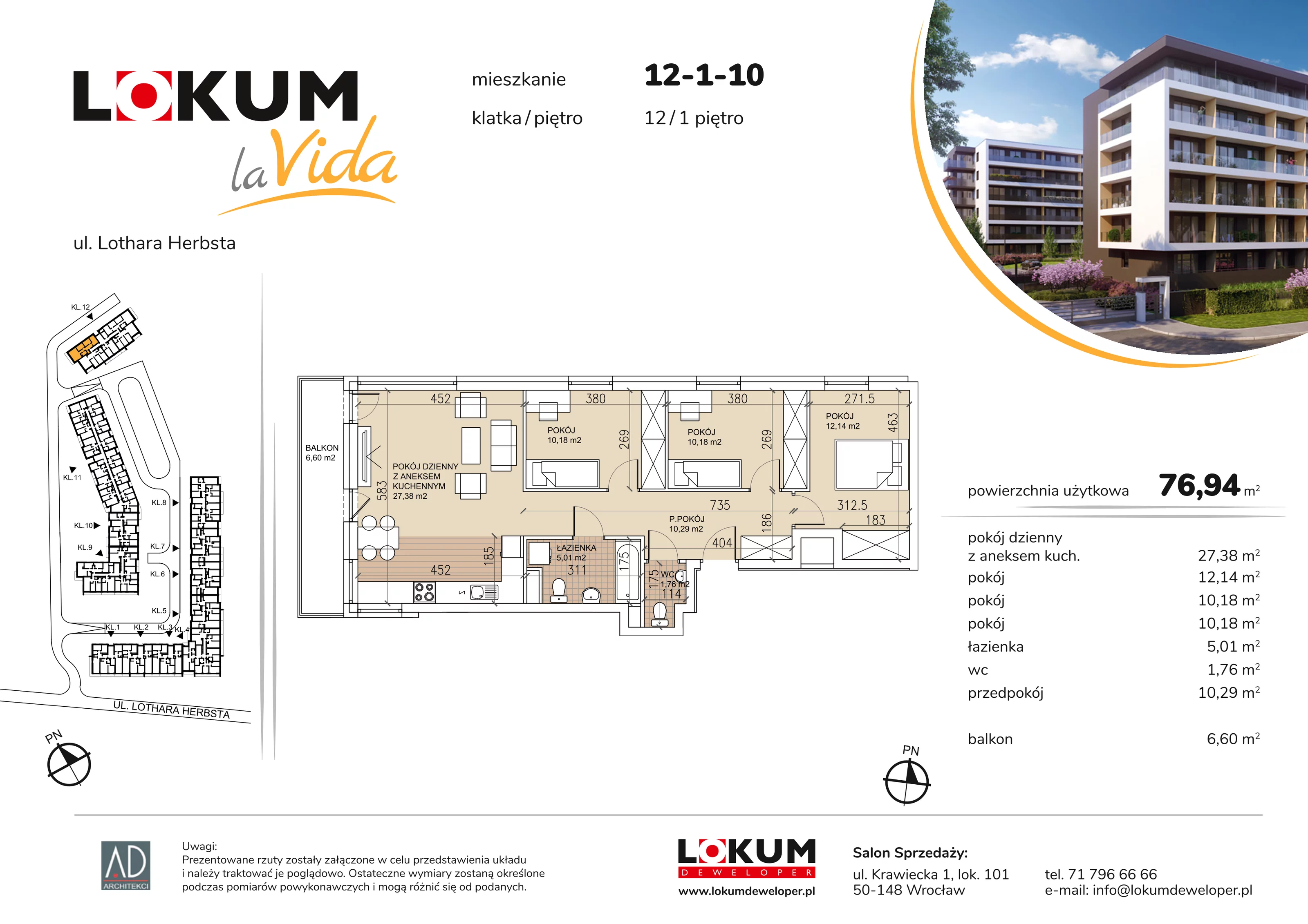 4 pokoje, mieszkanie 76,94 m², piętro 1, oferta nr 12-1-10, Lokum la Vida Etap II, Wrocław, Sołtysowice, ul. Lothara Herbsta
