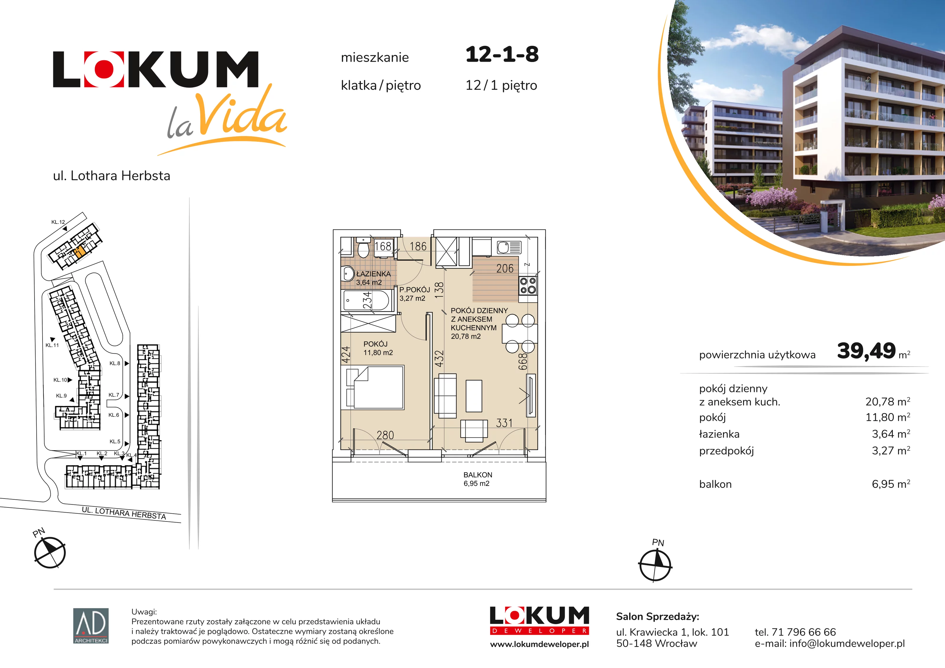 2 pokoje, mieszkanie 39,49 m², piętro 1, oferta nr 12-1-8, Lokum la Vida Etap II, Wrocław, Sołtysowice, ul. Lothara Herbsta