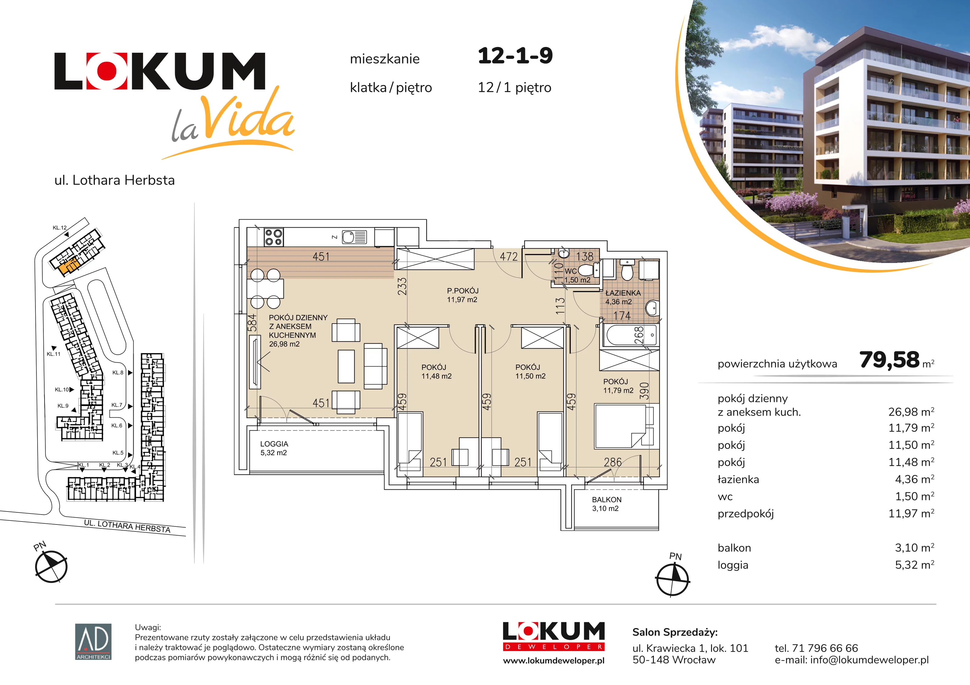 4 pokoje, mieszkanie 79,58 m², piętro 1, oferta nr 12-1-9, Lokum la Vida Etap II, Wrocław, Sołtysowice, ul. Lothara Herbsta