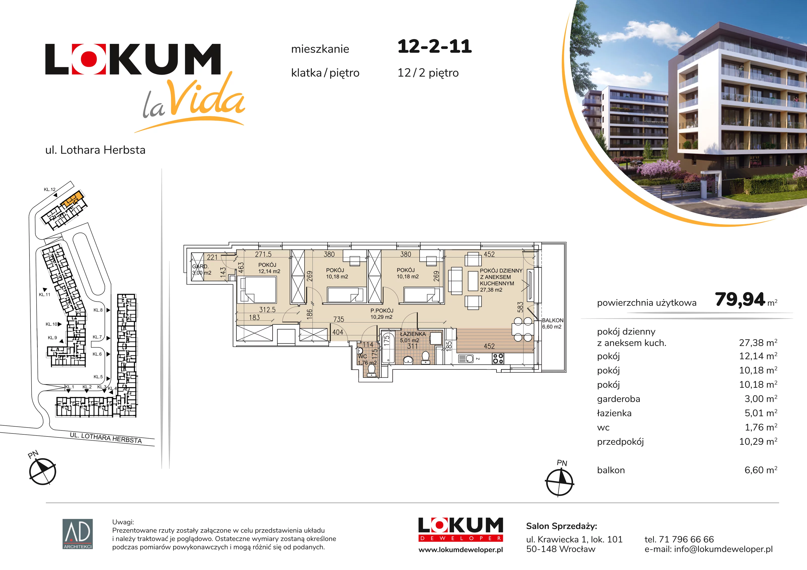 4 pokoje, mieszkanie 79,94 m², piętro 2, oferta nr 12-2-11, Lokum la Vida Etap II, Wrocław, Sołtysowice, ul. Lothara Herbsta
