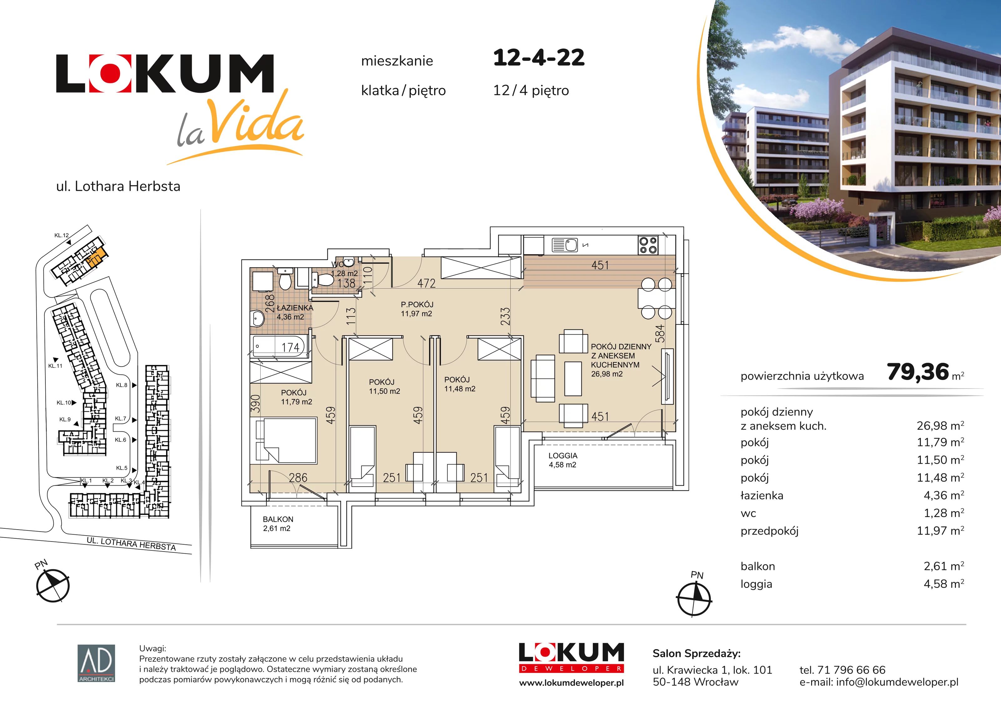 4 pokoje, mieszkanie 79,36 m², piętro 4, oferta nr 12-4-22, Lokum la Vida Etap II, Wrocław, Sołtysowice, ul. Lothara Herbsta