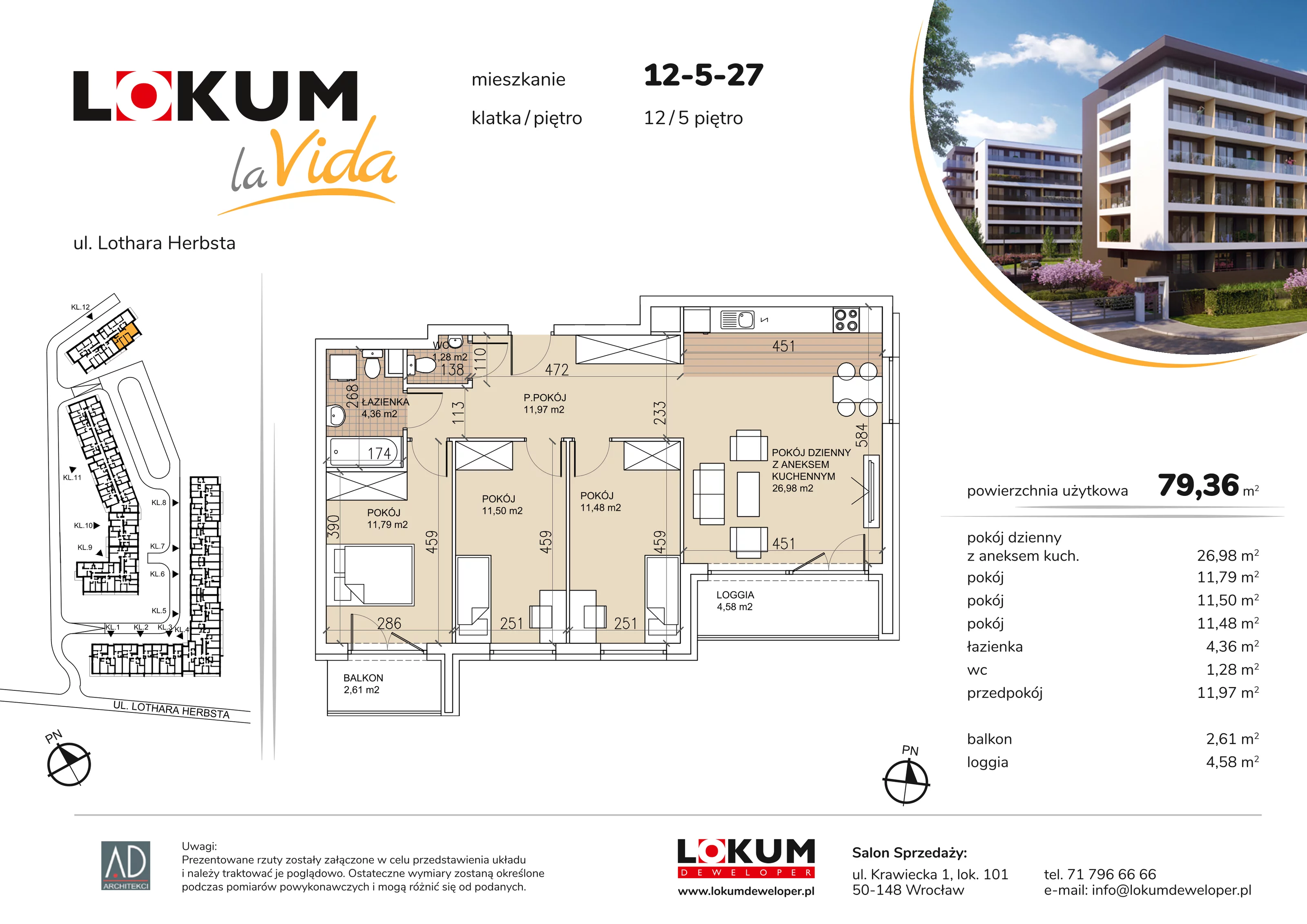4 pokoje, mieszkanie 79,36 m², piętro 5, oferta nr 12-5-27, Lokum la Vida Etap II, Wrocław, Sołtysowice, ul. Lothara Herbsta