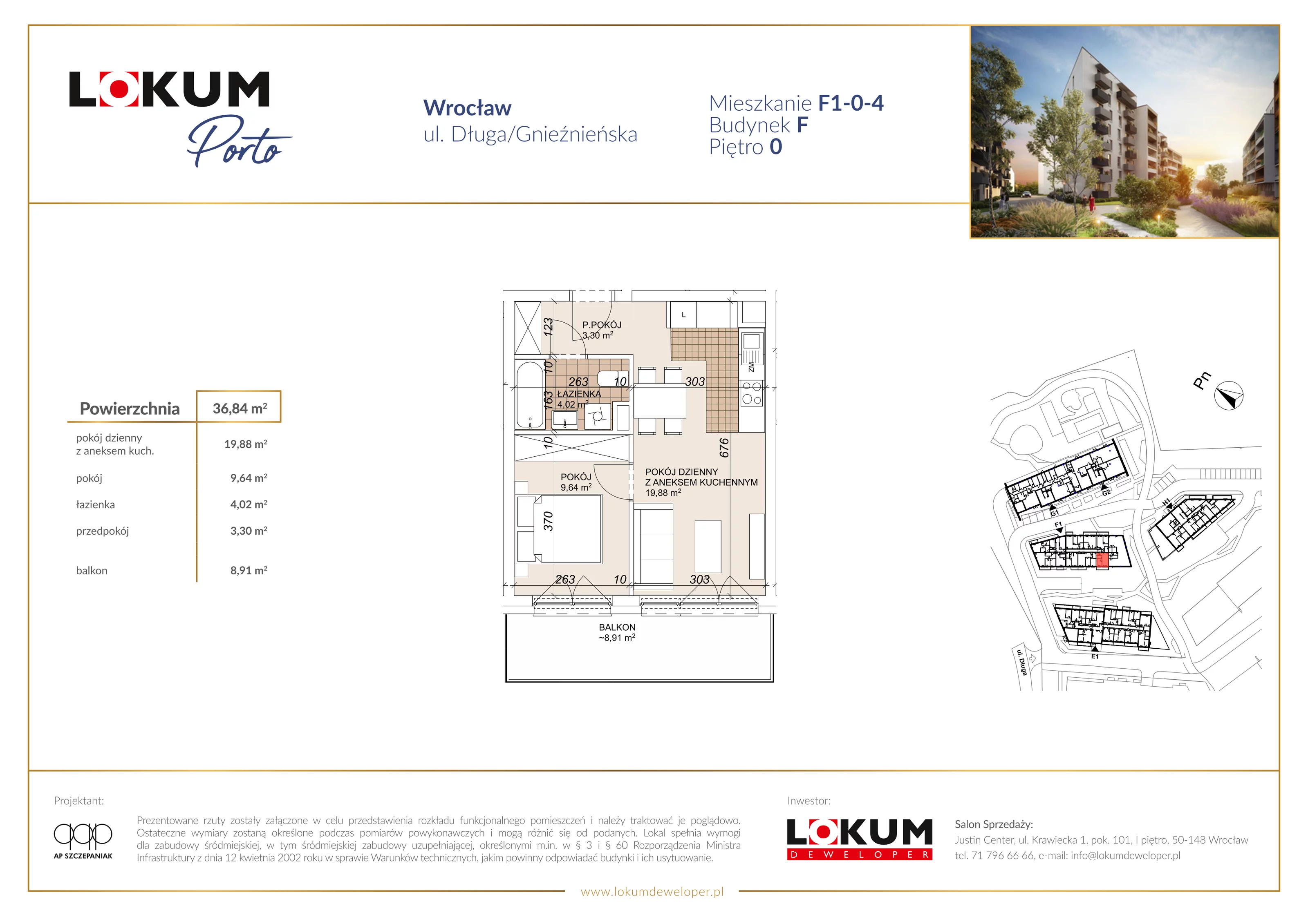 2 pokoje, mieszkanie 36,84 m², parter, oferta nr F1-0-4, Lokum Porto Etap VI, Wrocław, Szczepin, ul. Długa/Gnieźnieńska