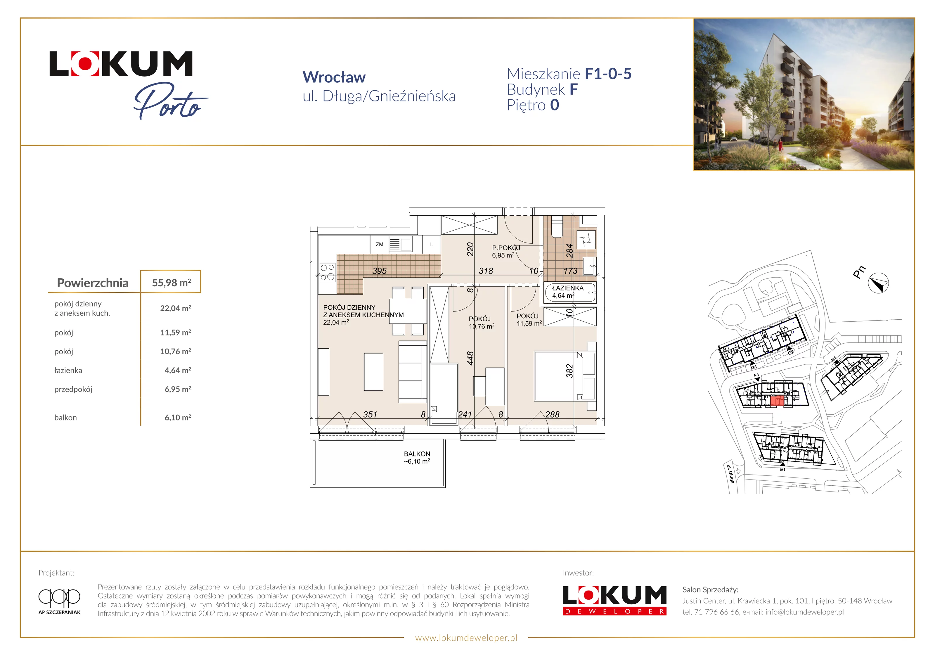 3 pokoje, mieszkanie 55,98 m², parter, oferta nr F1-0-5, Lokum Porto Etap VI, Wrocław, Szczepin, ul. Długa/Gnieźnieńska