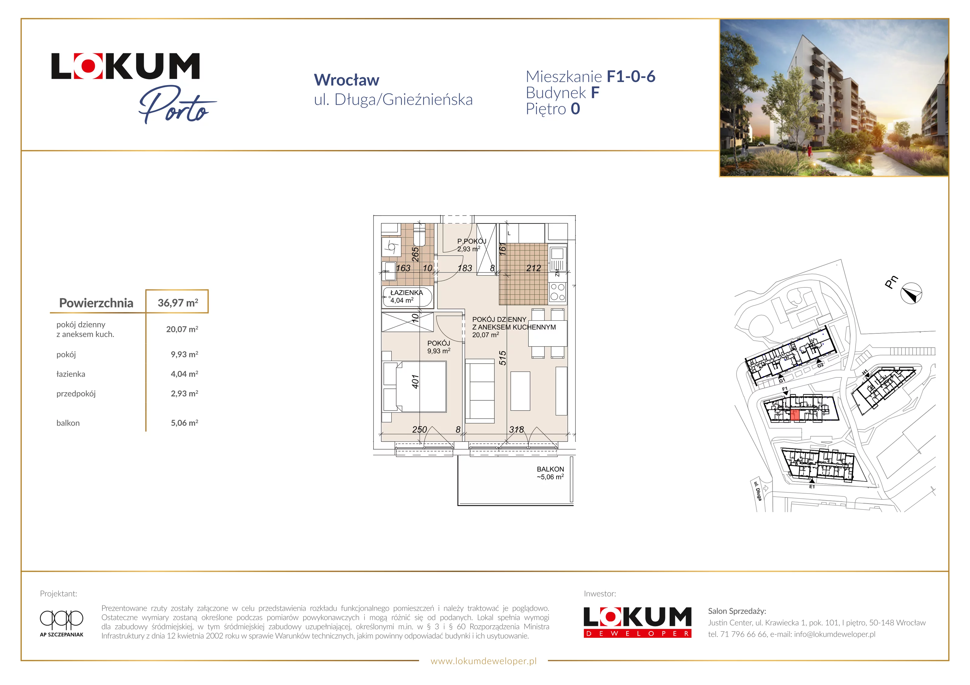 2 pokoje, mieszkanie 36,97 m², parter, oferta nr F1-0-6, Lokum Porto Etap VI, Wrocław, Szczepin, ul. Długa/Gnieźnieńska