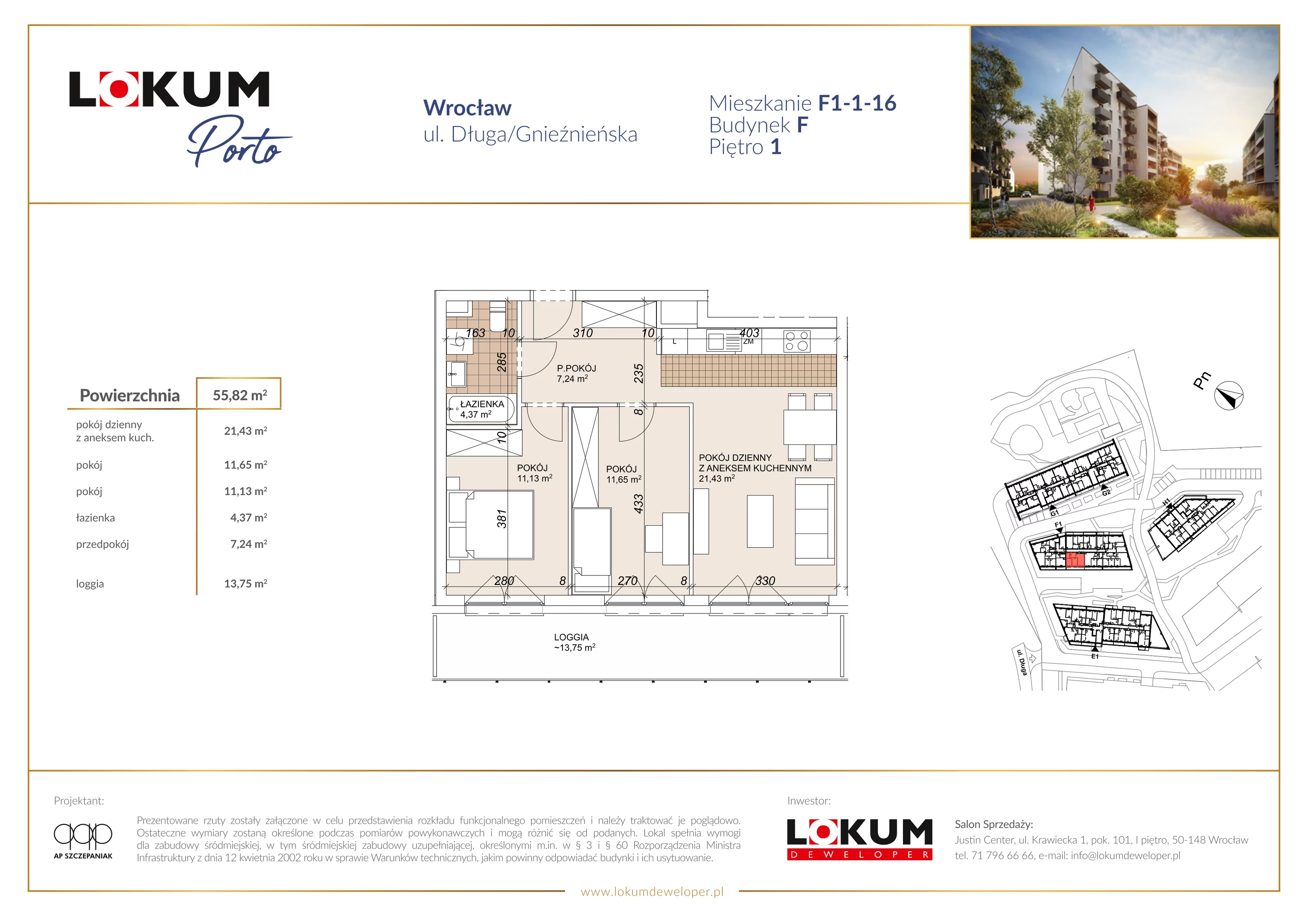 3 pokoje, mieszkanie 55,82 m², piętro 1, oferta nr F1-1-16, Lokum Porto Etap VI, Wrocław, Szczepin, ul. Długa/Gnieźnieńska