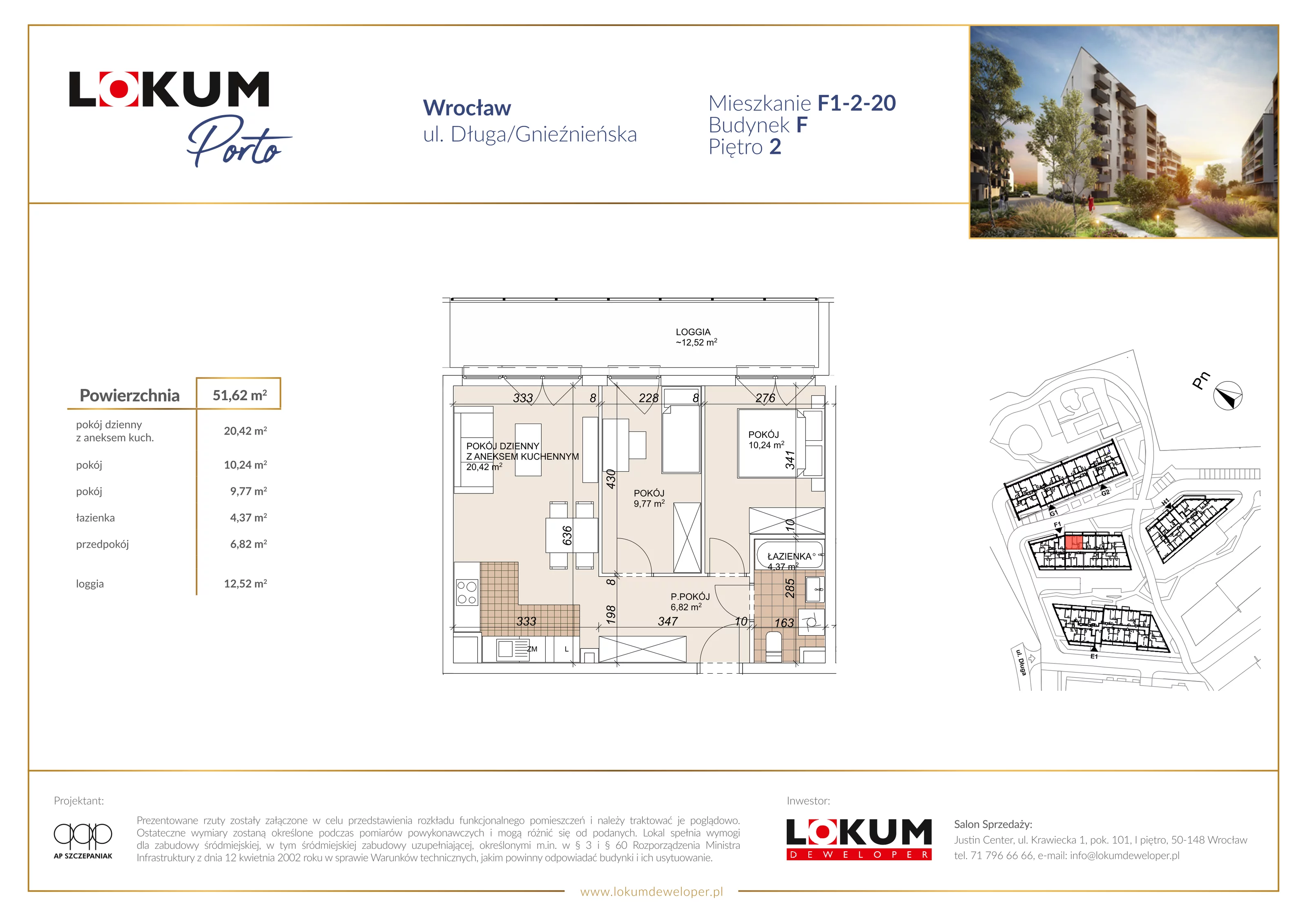 3 pokoje, mieszkanie 51,62 m², piętro 2, oferta nr F1-2-20, Lokum Porto Etap VI, Wrocław, Szczepin, ul. Długa/Gnieźnieńska
