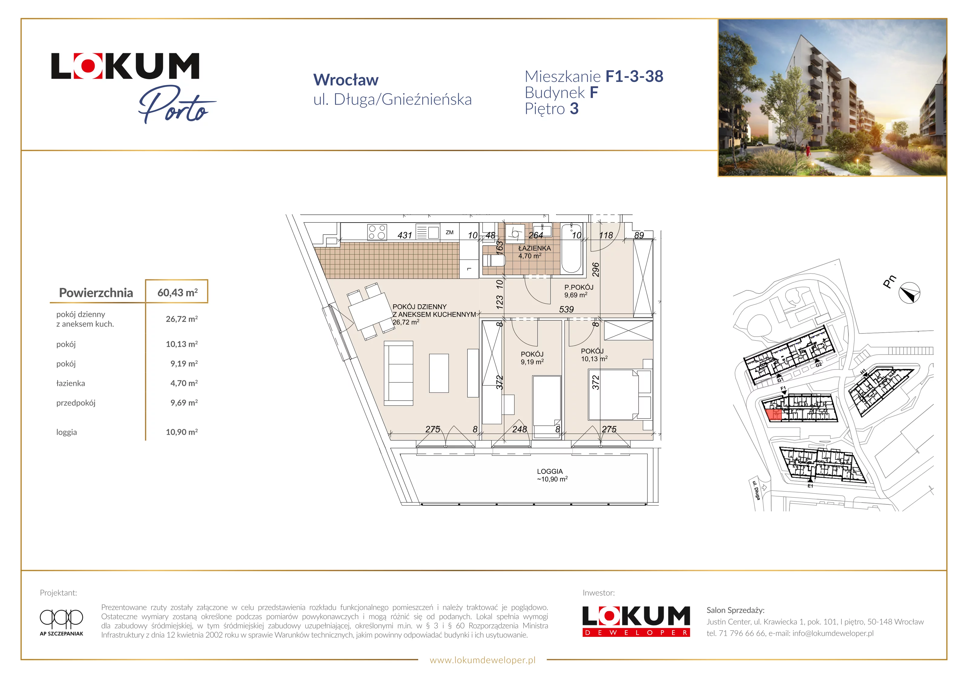 3 pokoje, mieszkanie 60,43 m², piętro 3, oferta nr F1-3-38, Lokum Porto Etap VI, Wrocław, Szczepin, ul. Długa/Gnieźnieńska
