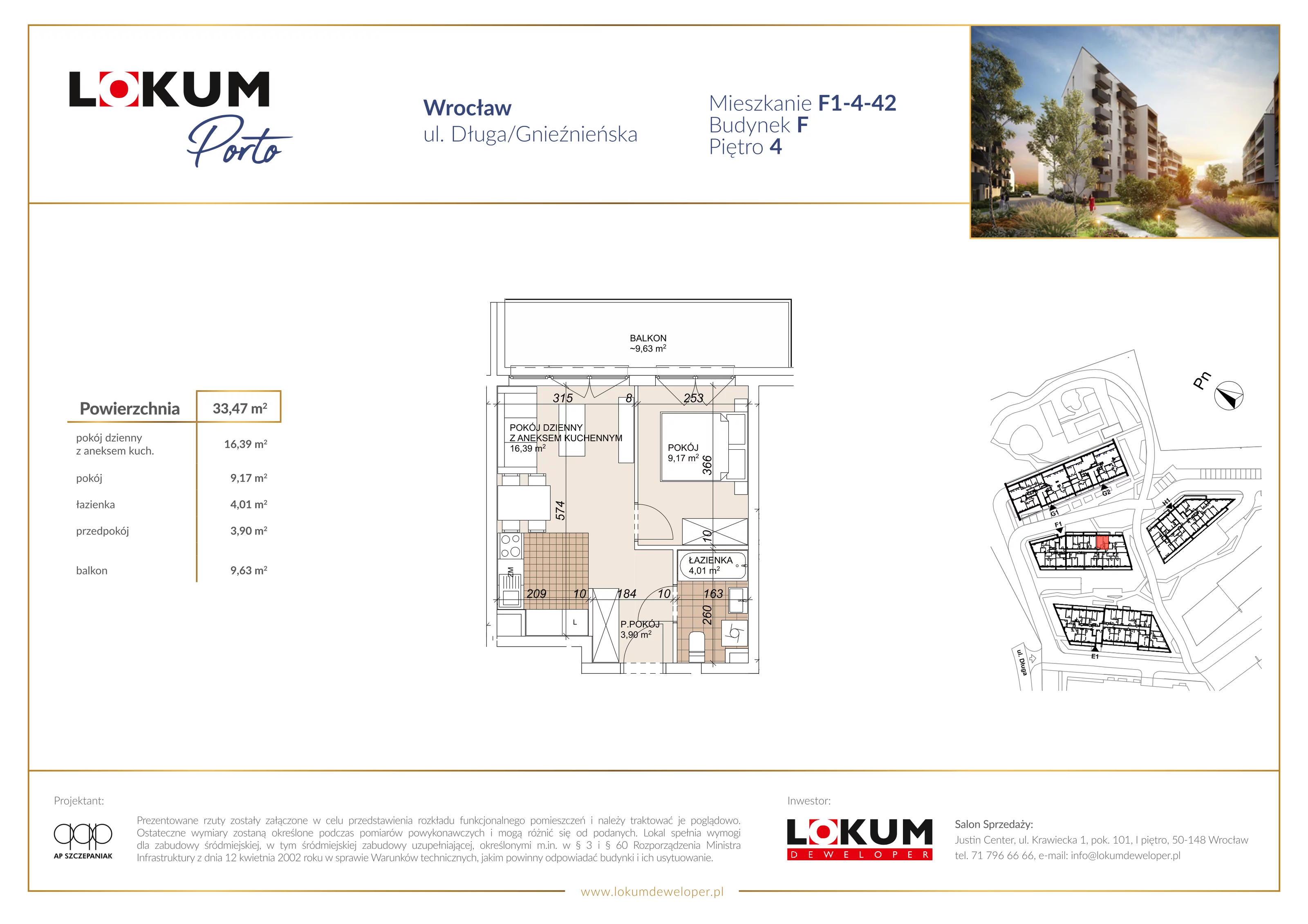 2 pokoje, mieszkanie 33,47 m², piętro 4, oferta nr F1-4-42, Lokum Porto Etap VI, Wrocław, Szczepin, ul. Długa/Gnieźnieńska