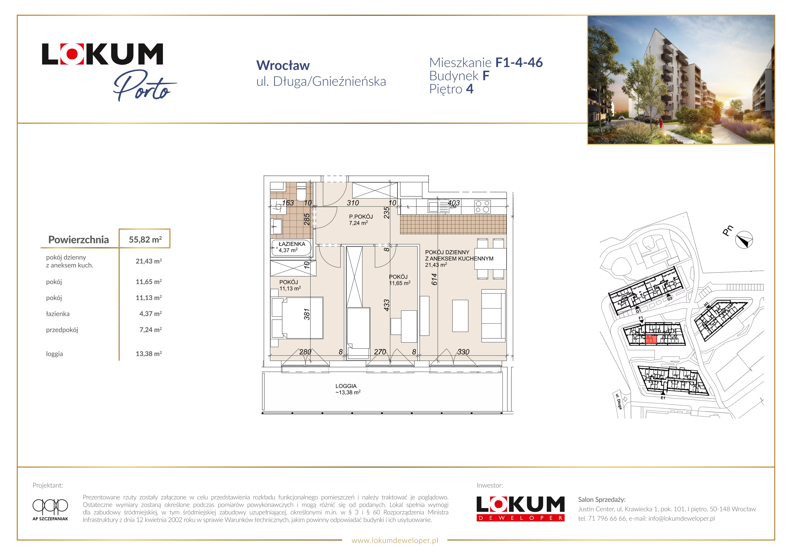 3 pokoje, mieszkanie 55,82 m², piętro 4, oferta nr F1-4-46, Lokum Porto Etap VI, Wrocław, Szczepin, ul. Długa/Gnieźnieńska