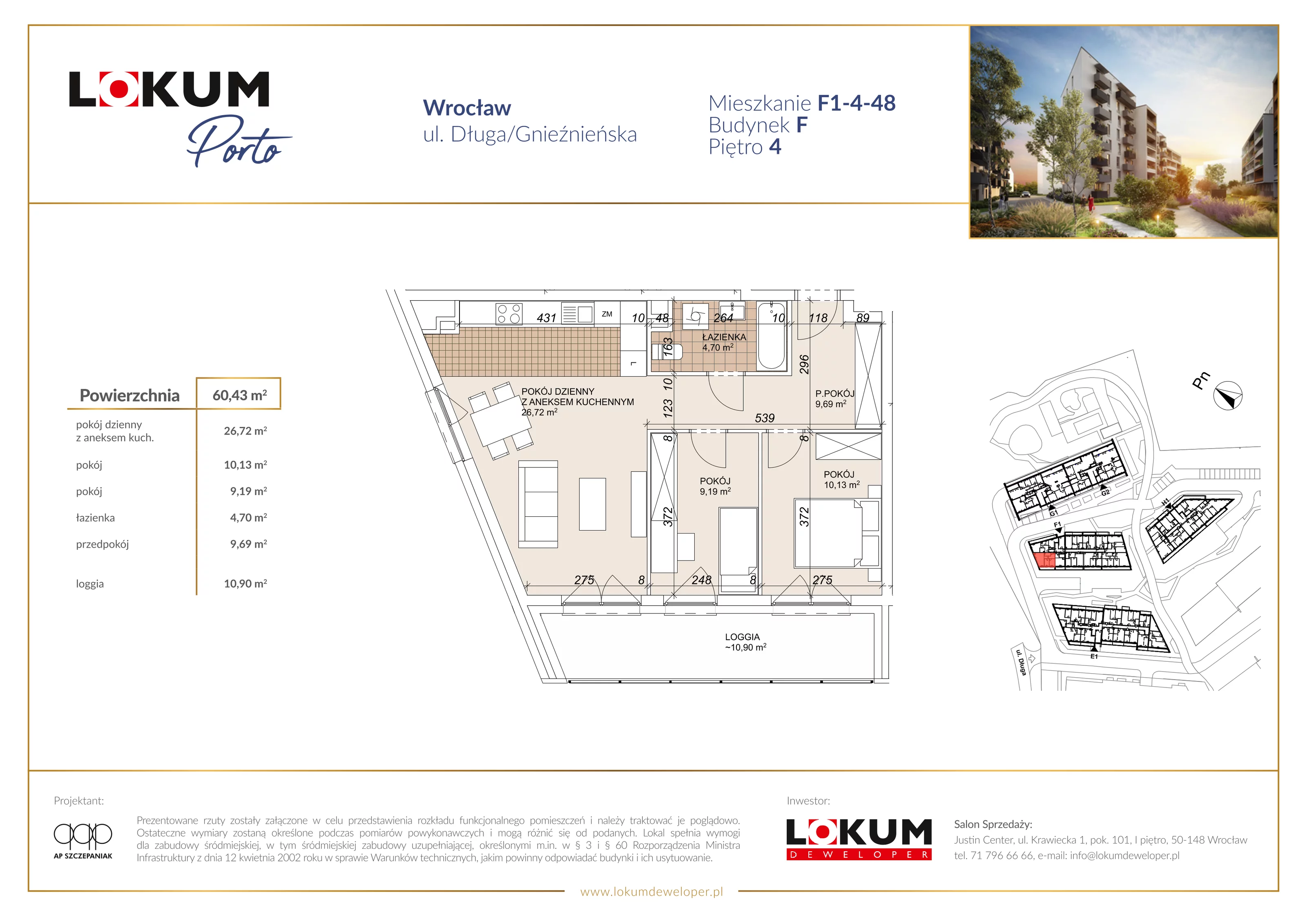 3 pokoje, mieszkanie 60,43 m², piętro 4, oferta nr F1-4-48, Lokum Porto Etap VI, Wrocław, Szczepin, ul. Długa/Gnieźnieńska