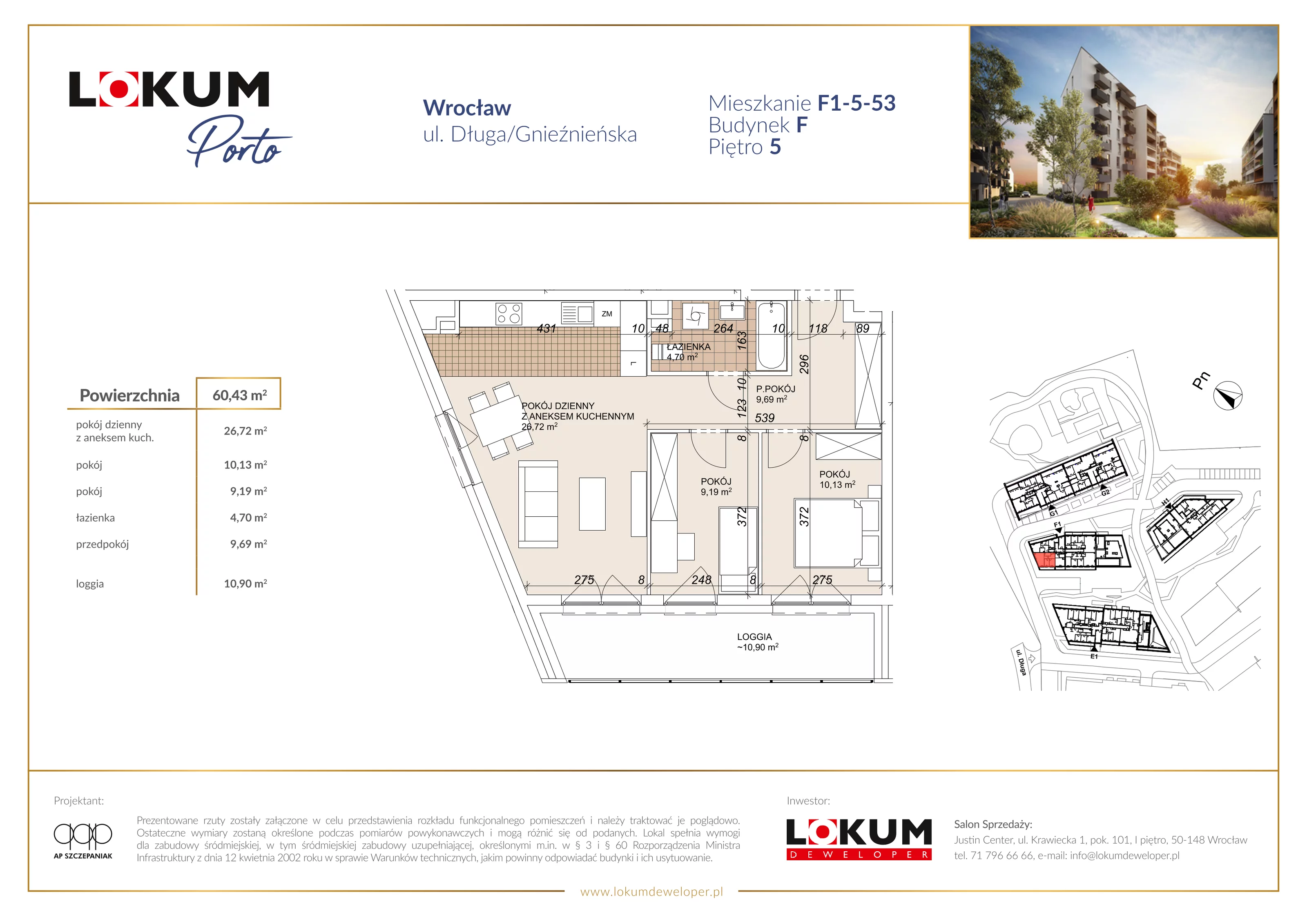 3 pokoje, mieszkanie 60,43 m², piętro 5, oferta nr F1-5-53, Lokum Porto Etap VI, Wrocław, Szczepin, ul. Długa/Gnieźnieńska