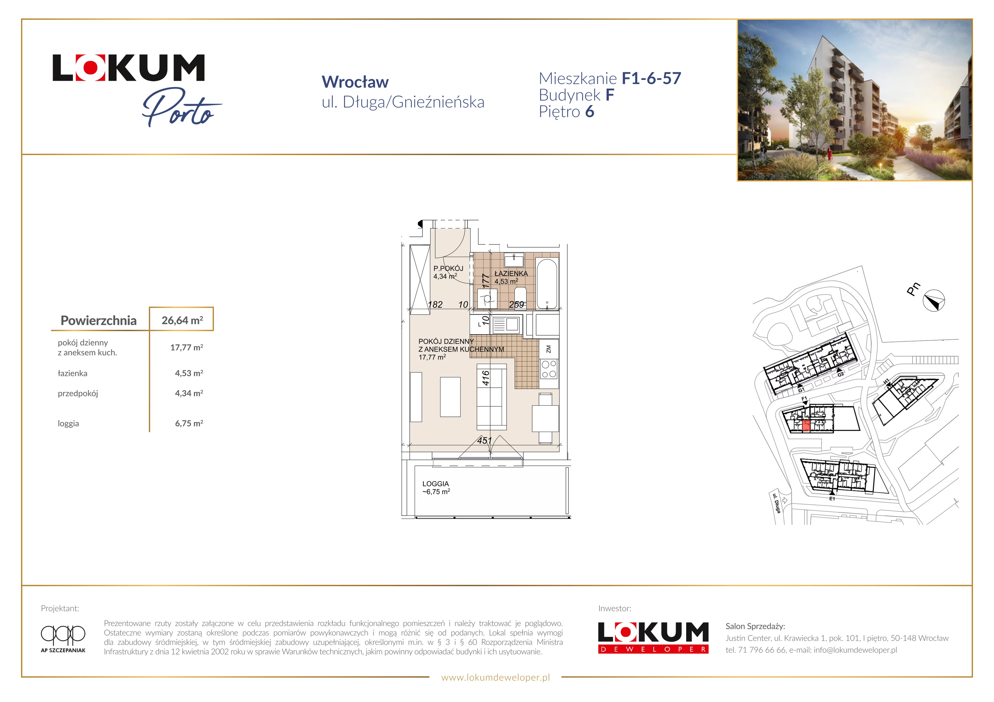 1 pokój, mieszkanie 26,64 m², piętro 6, oferta nr F1-6-57, Lokum Porto Etap VI, Wrocław, Szczepin, ul. Długa/Gnieźnieńska