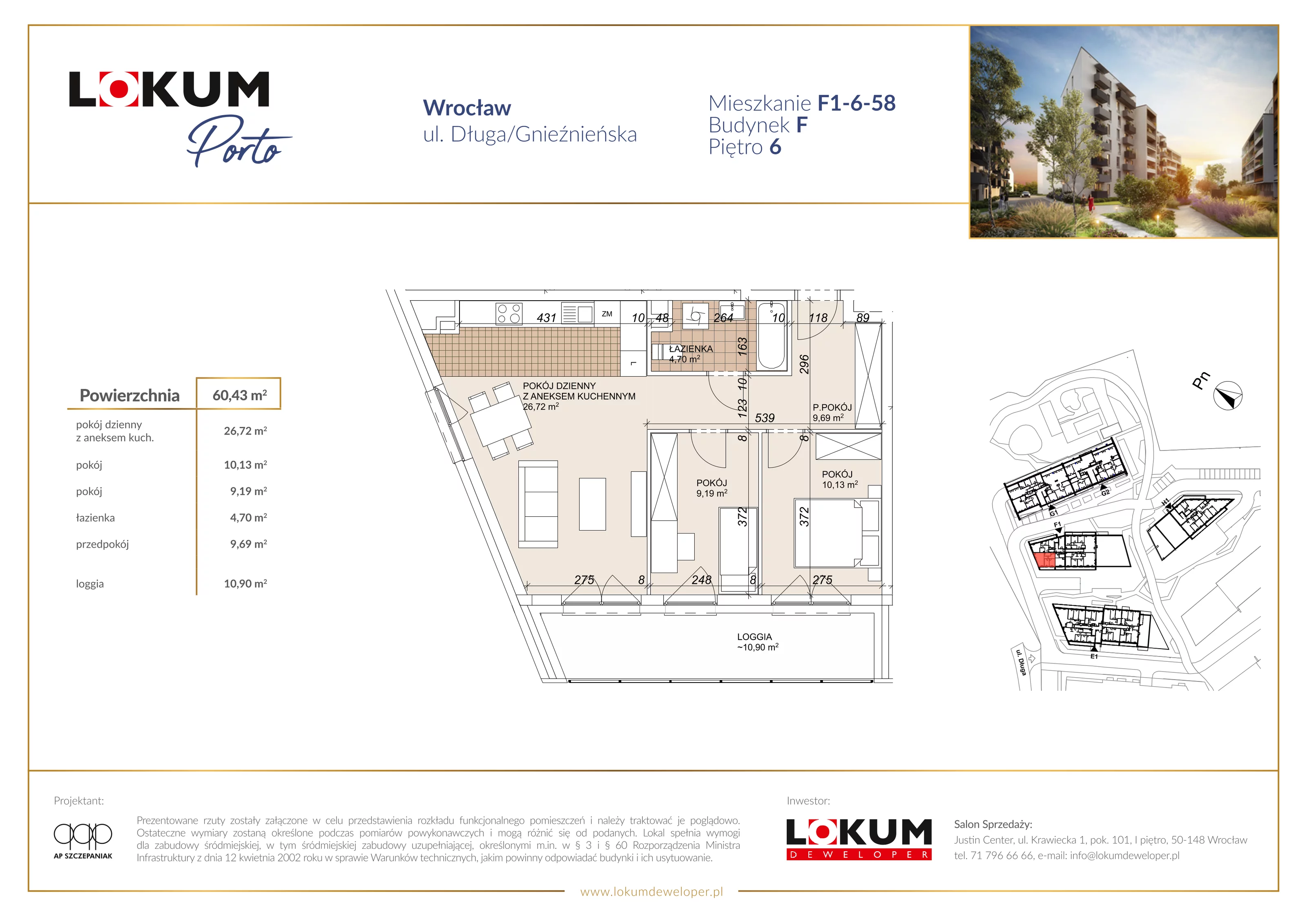 3 pokoje, mieszkanie 60,43 m², piętro 6, oferta nr F1-6-58, Lokum Porto Etap VI, Wrocław, Szczepin, ul. Długa/Gnieźnieńska