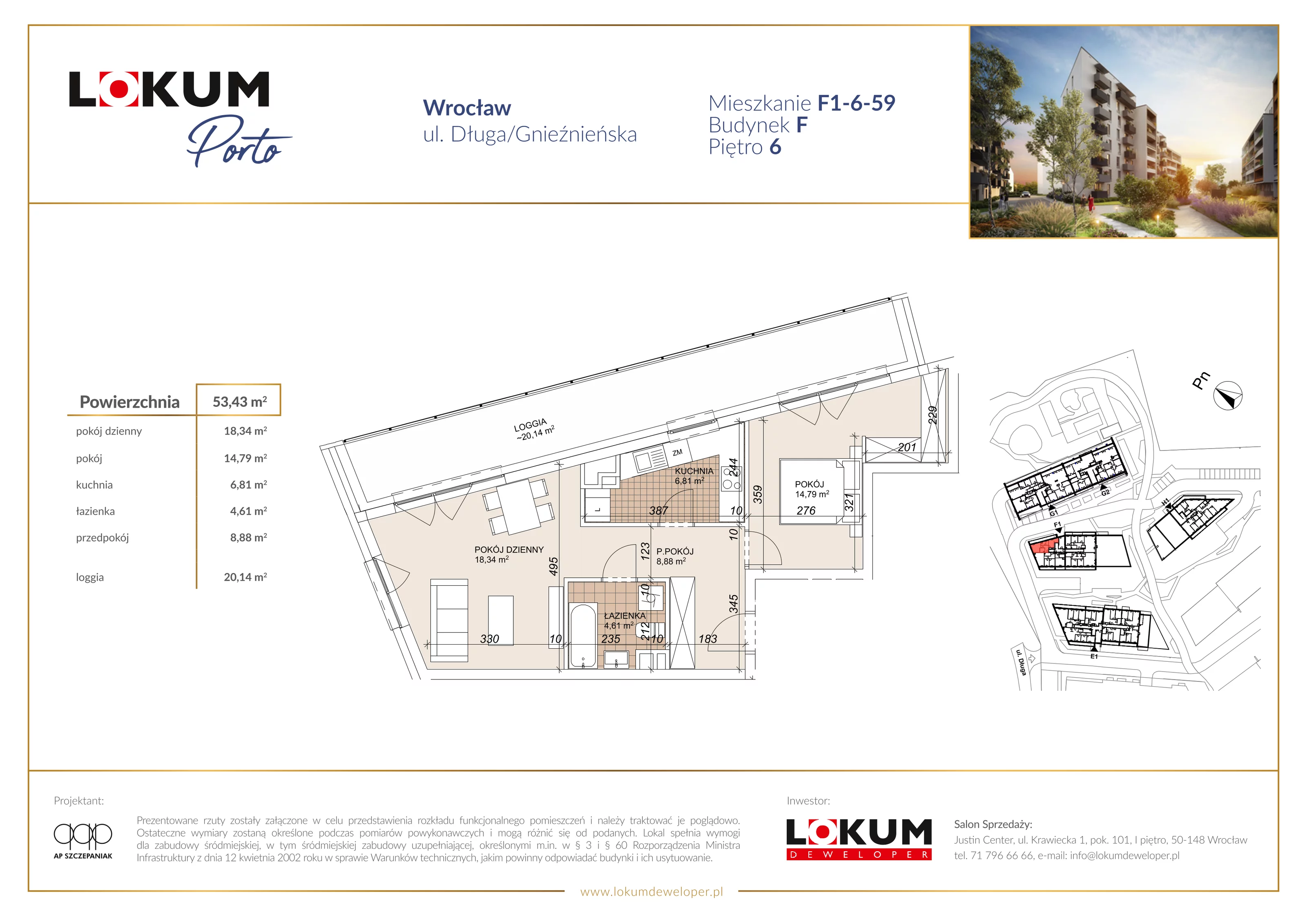 2 pokoje, mieszkanie 53,43 m², piętro 6, oferta nr F1-6-59, Lokum Porto Etap VI, Wrocław, Szczepin, ul. Długa/Gnieźnieńska