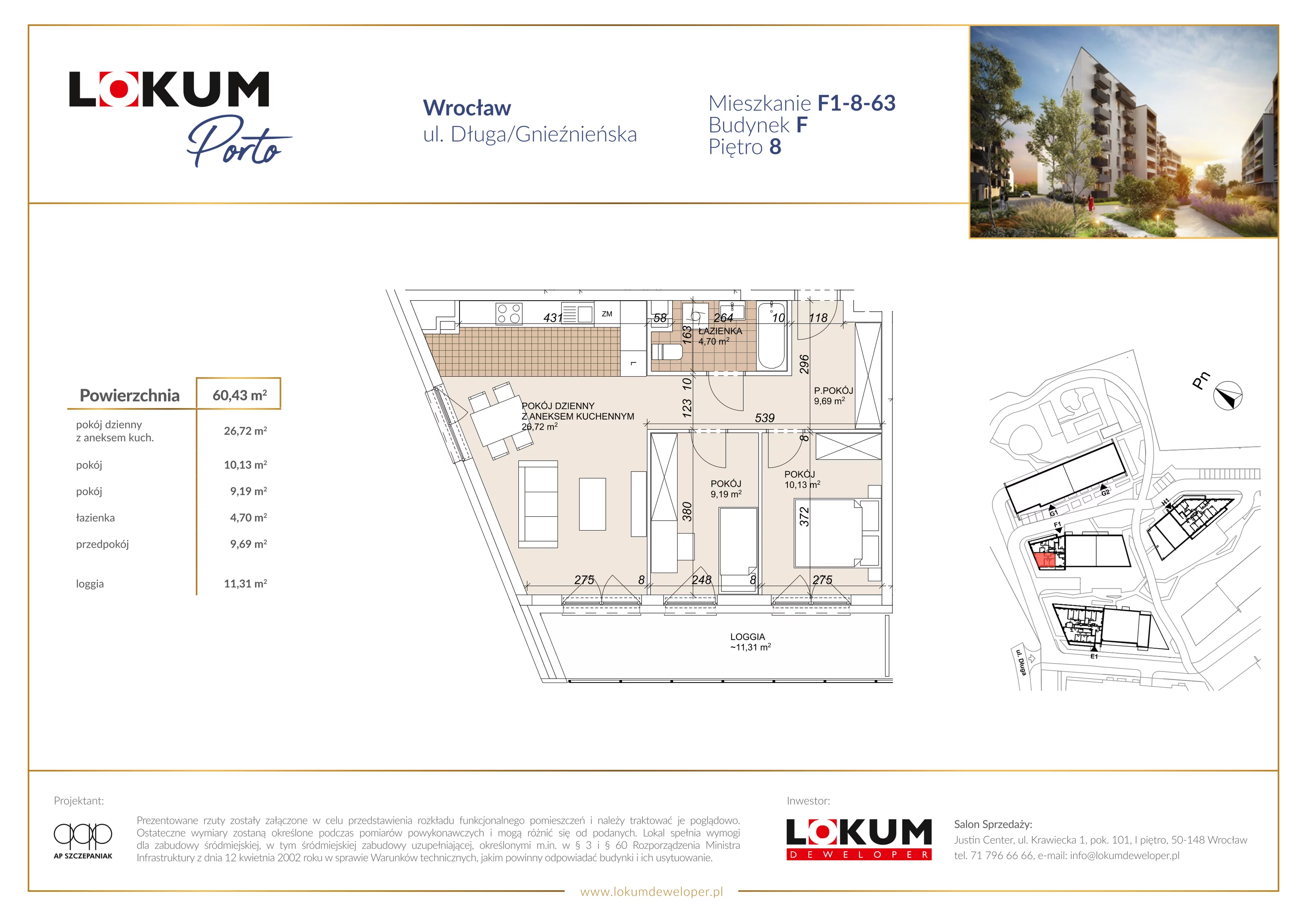 3 pokoje, mieszkanie 60,43 m², piętro 8, oferta nr F1-8-63, Lokum Porto Etap VI, Wrocław, Szczepin, ul. Długa/Gnieźnieńska
