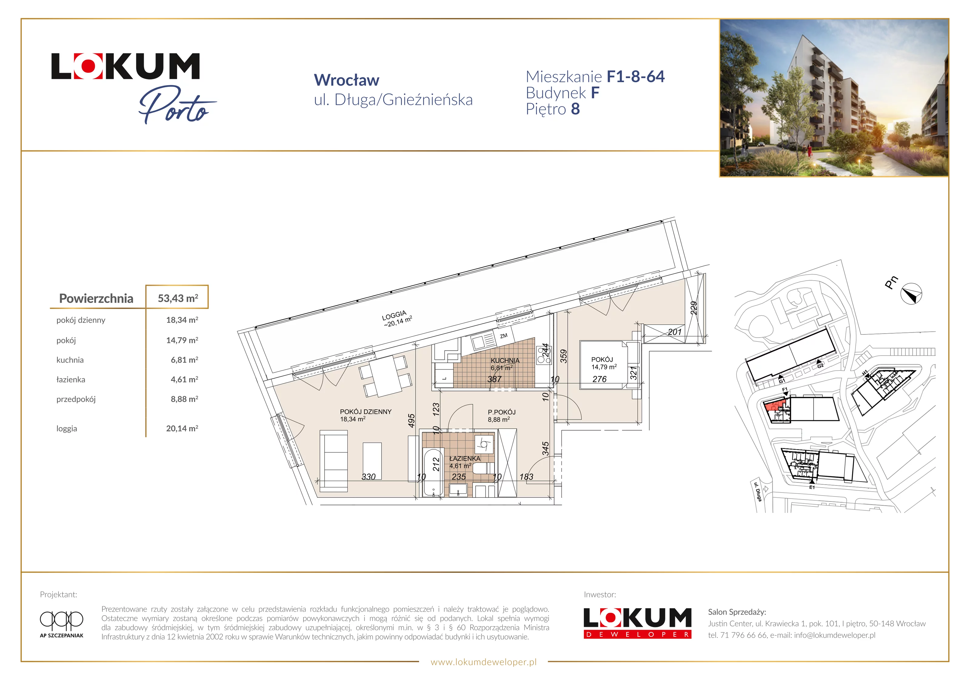 2 pokoje, mieszkanie 53,43 m², piętro 8, oferta nr F1-8-64, Lokum Porto Etap VI, Wrocław, Szczepin, ul. Długa/Gnieźnieńska