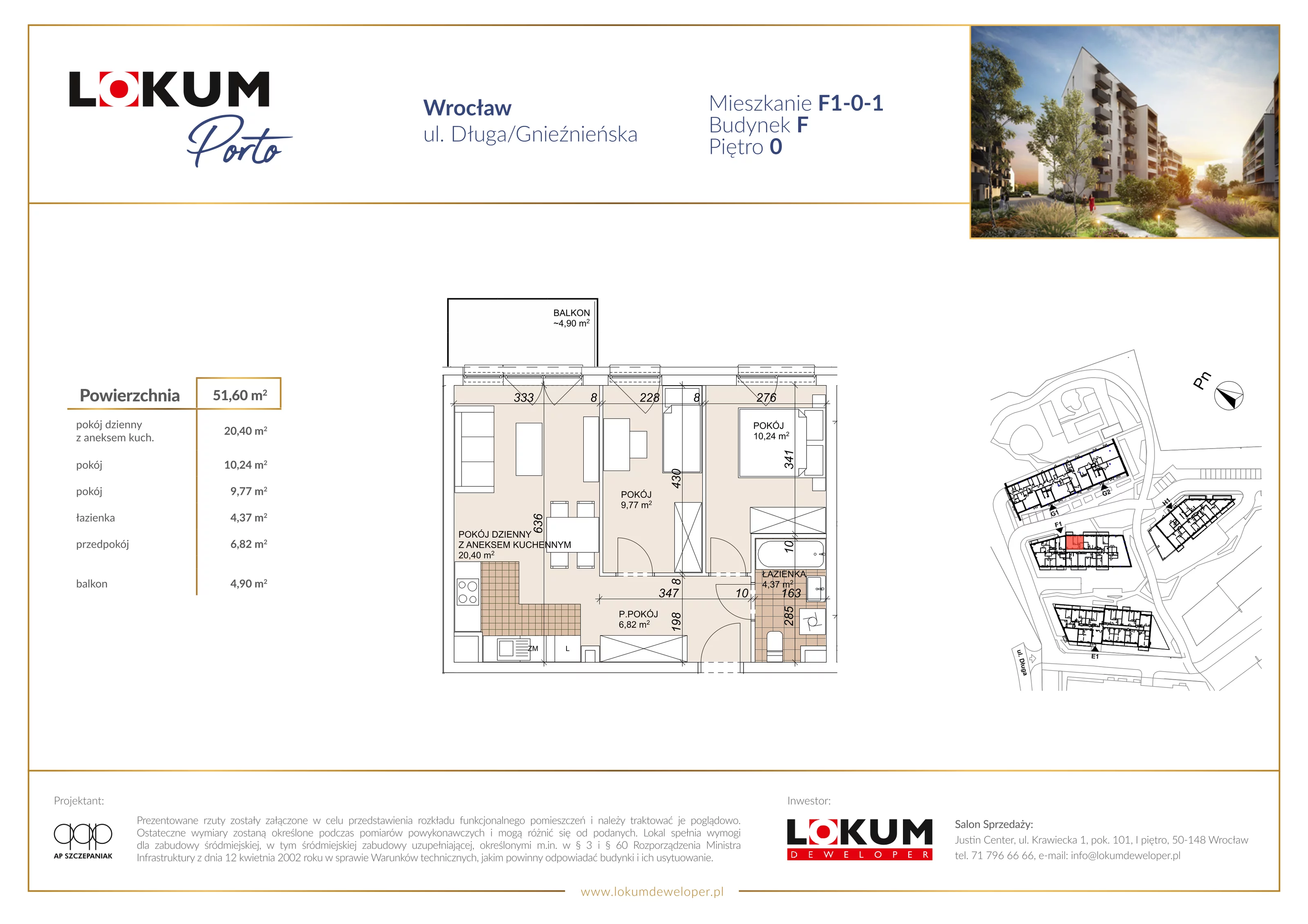 3 pokoje, mieszkanie 51,60 m², parter, oferta nr F1-0-1, Lokum Porto Etap VI, Wrocław, Szczepin, ul. Długa/Gnieźnieńska