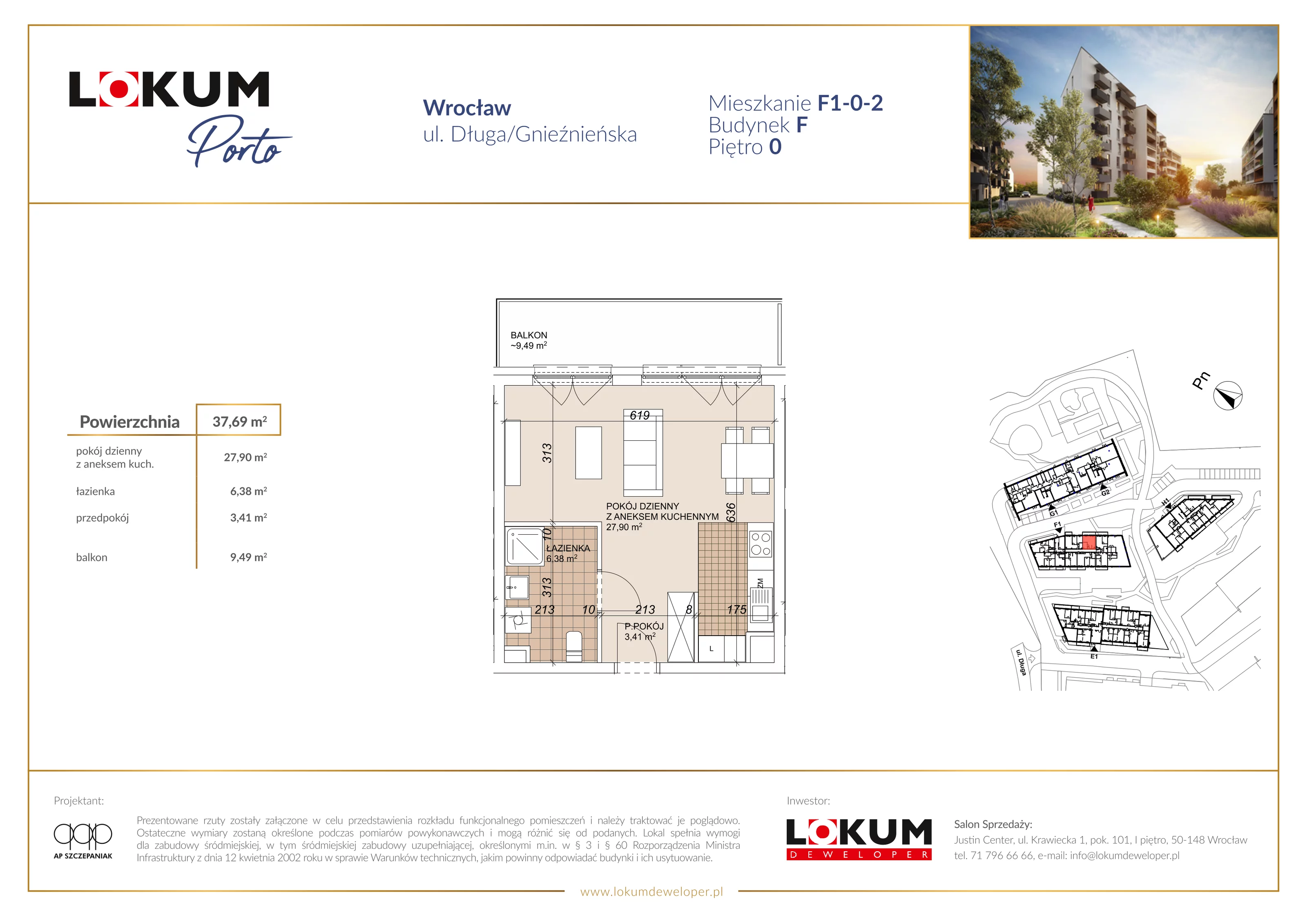 1 pokój, mieszkanie 37,69 m², parter, oferta nr F1-0-2, Lokum Porto Etap VI, Wrocław, Szczepin, ul. Długa/Gnieźnieńska