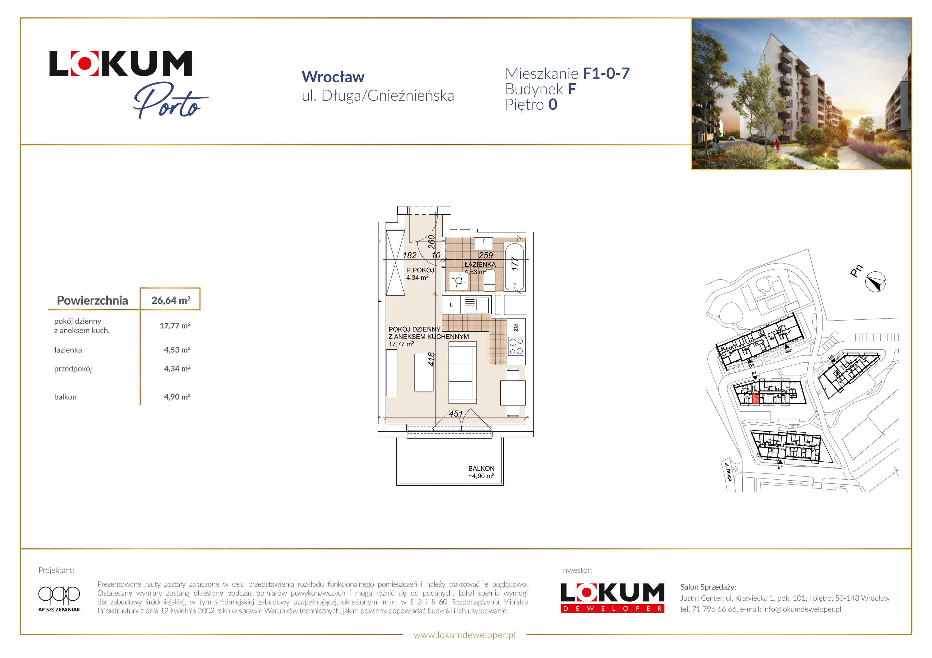 1 pokój, mieszkanie 26,64 m², parter, oferta nr F1-0-7, Lokum Porto Etap VI, Wrocław, Szczepin, ul. Długa/Gnieźnieńska