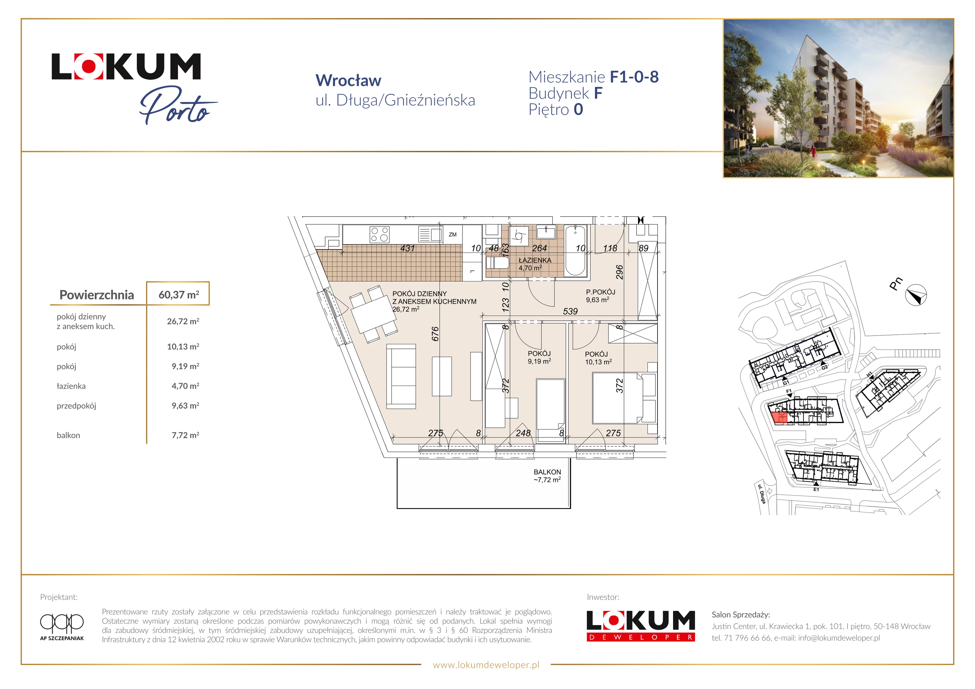 3 pokoje, mieszkanie 60,37 m², parter, oferta nr F1-0-8, Lokum Porto Etap VI, Wrocław, Szczepin, ul. Długa/Gnieźnieńska