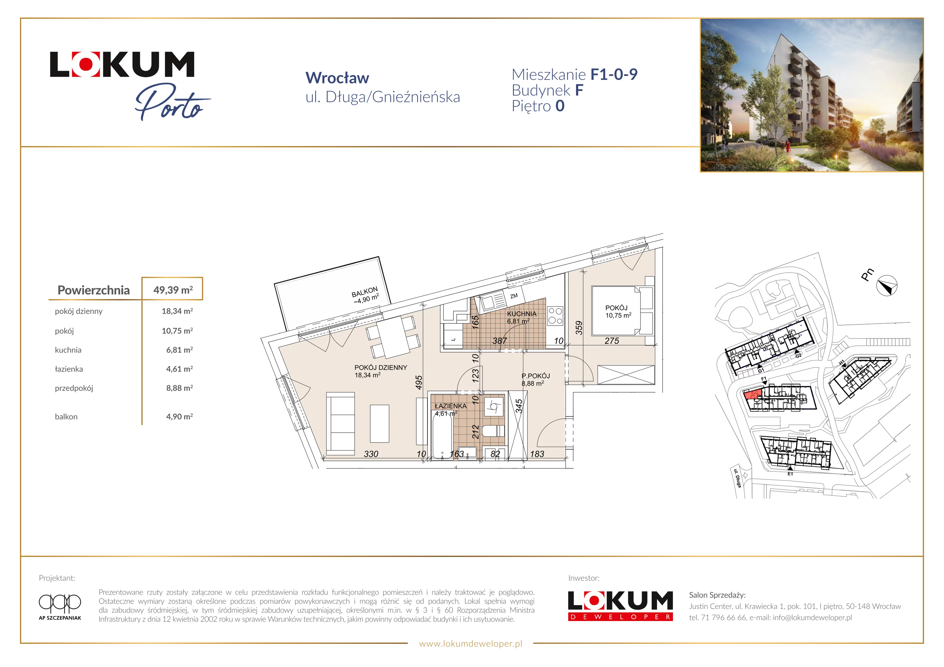 2 pokoje, mieszkanie 49,39 m², parter, oferta nr F1-0-9, Lokum Porto Etap VI, Wrocław, Szczepin, ul. Długa/Gnieźnieńska