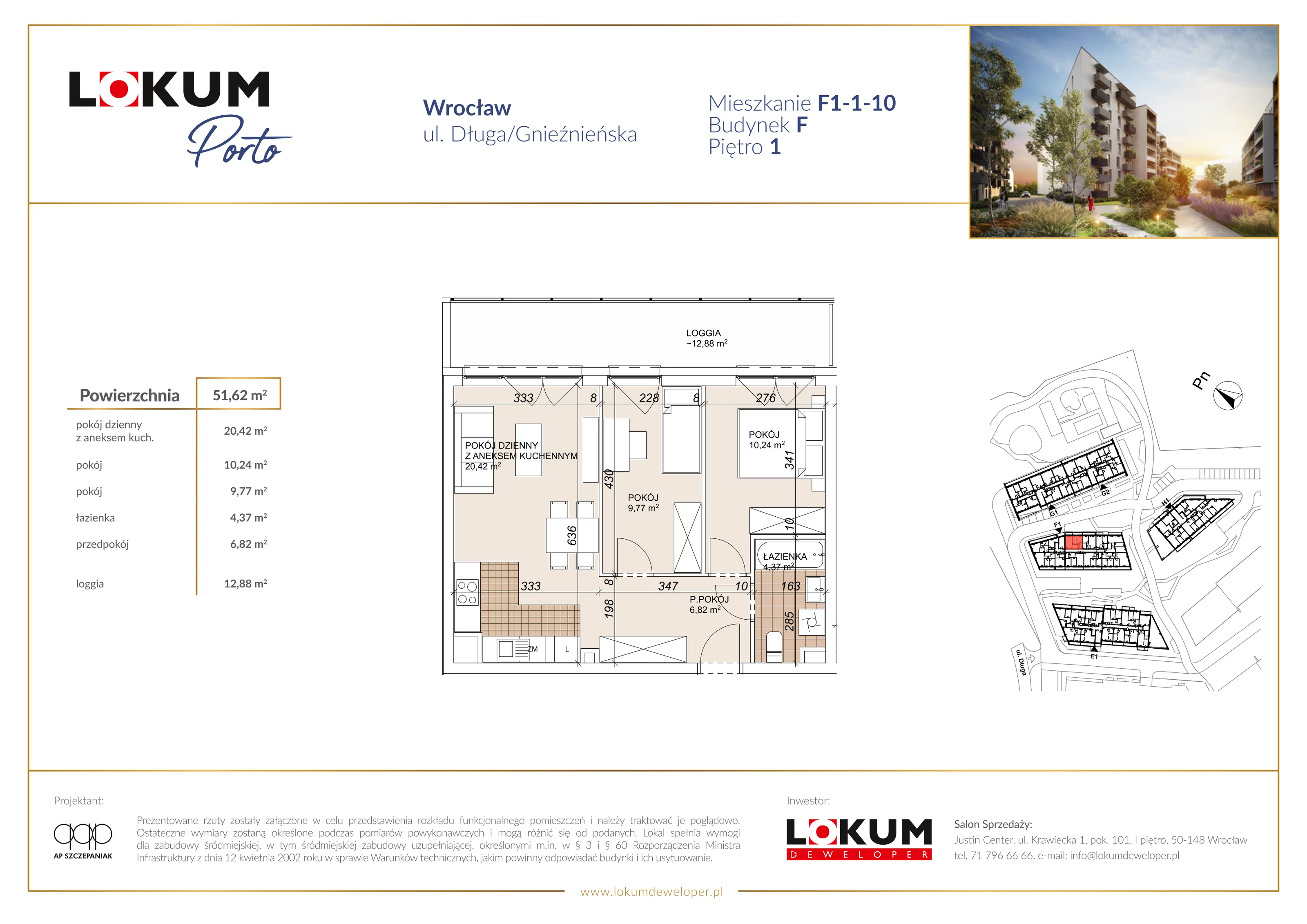 3 pokoje, mieszkanie 51,62 m², piętro 1, oferta nr F1-1-10, Lokum Porto Etap VI, Wrocław, Szczepin, ul. Długa/Gnieźnieńska