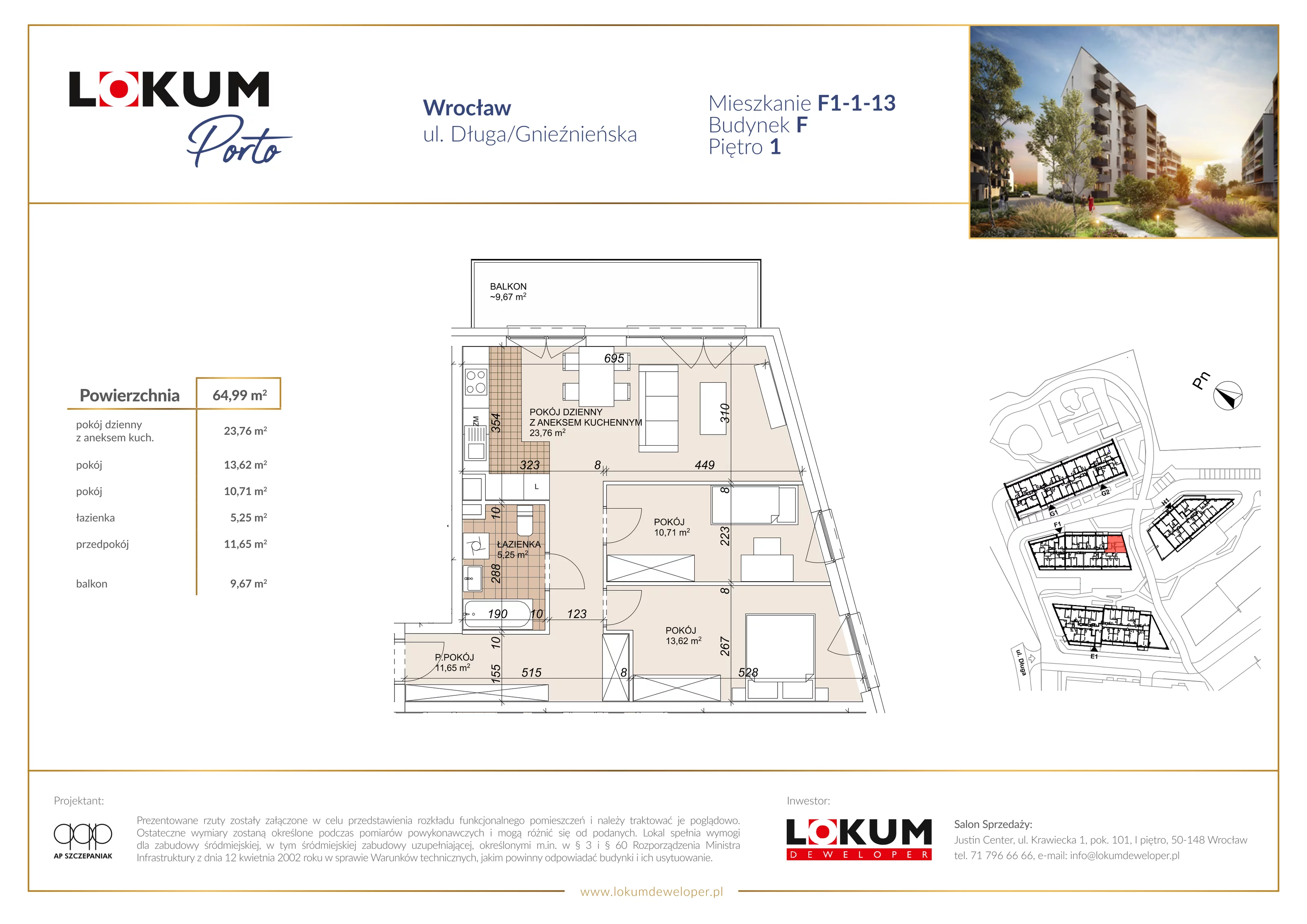 3 pokoje, mieszkanie 64,99 m², piętro 1, oferta nr F1-1-13, Lokum Porto Etap VI, Wrocław, Szczepin, ul. Długa/Gnieźnieńska