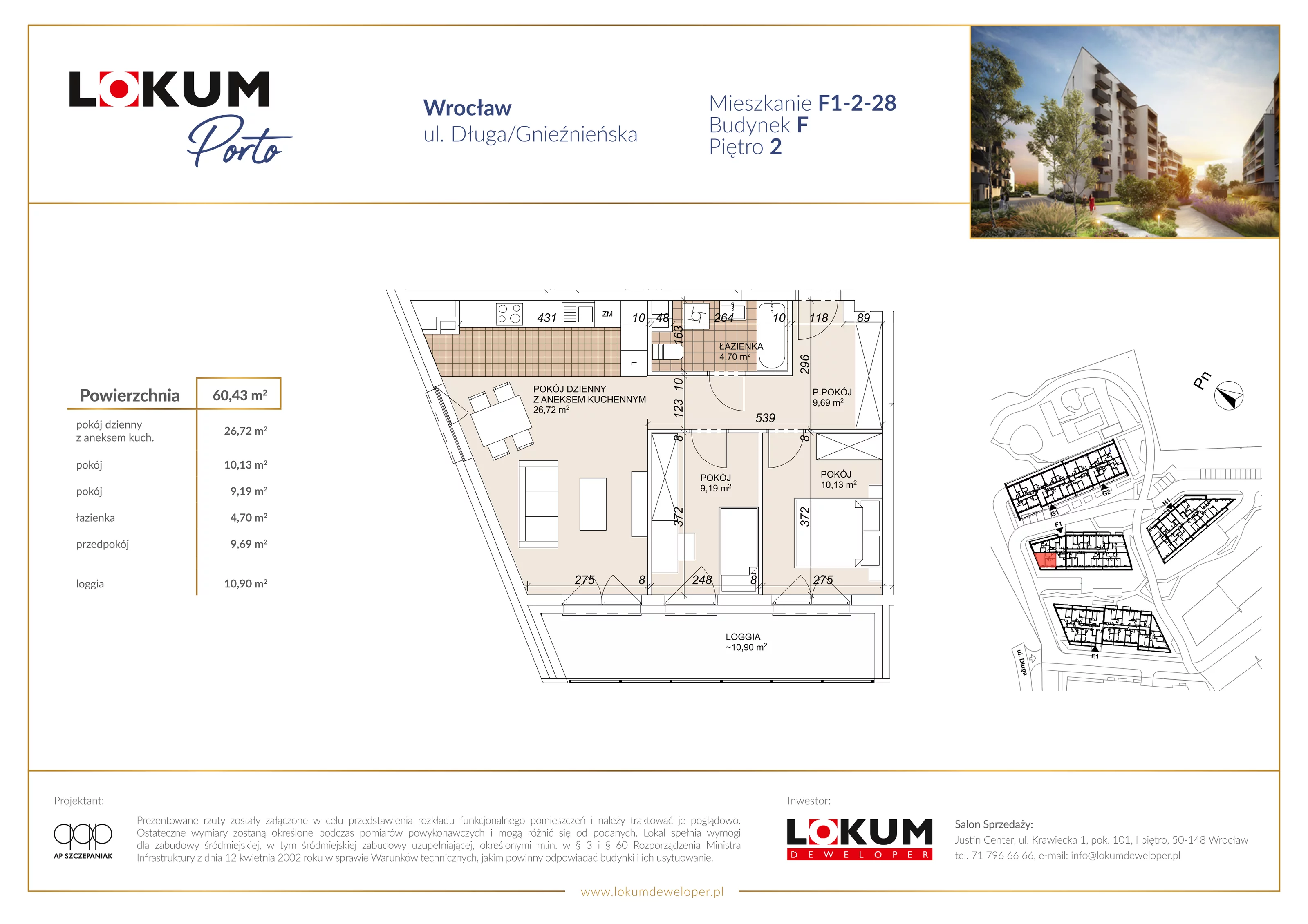 3 pokoje, mieszkanie 60,43 m², piętro 2, oferta nr F1-2-28, Lokum Porto Etap VI, Wrocław, Szczepin, ul. Długa/Gnieźnieńska