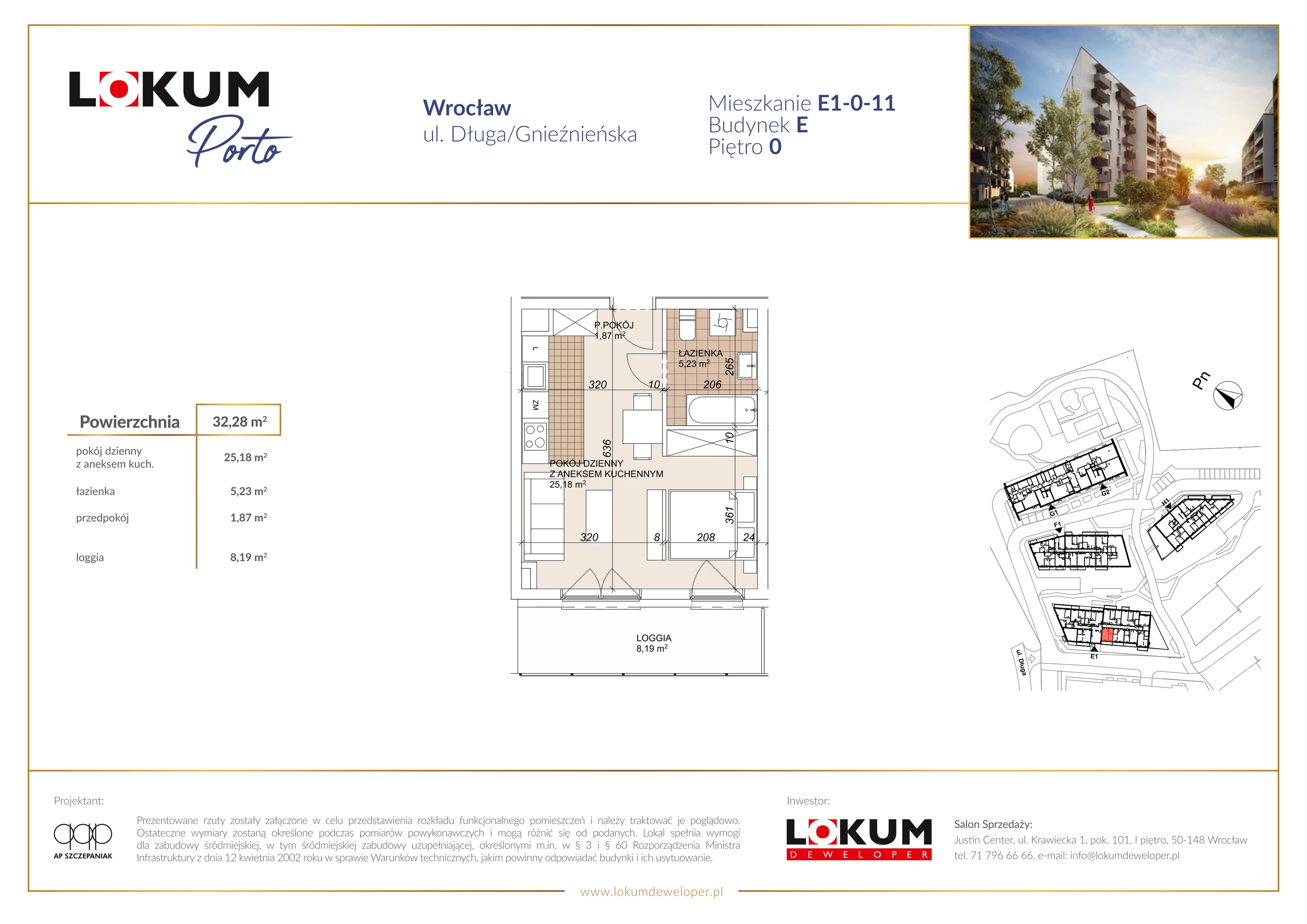 Mieszkanie 32,28 m², parter, oferta nr E1-0-11, Lokum Porto Etap VI, Wrocław, Szczepin, ul. Długa/Gnieźnieńska