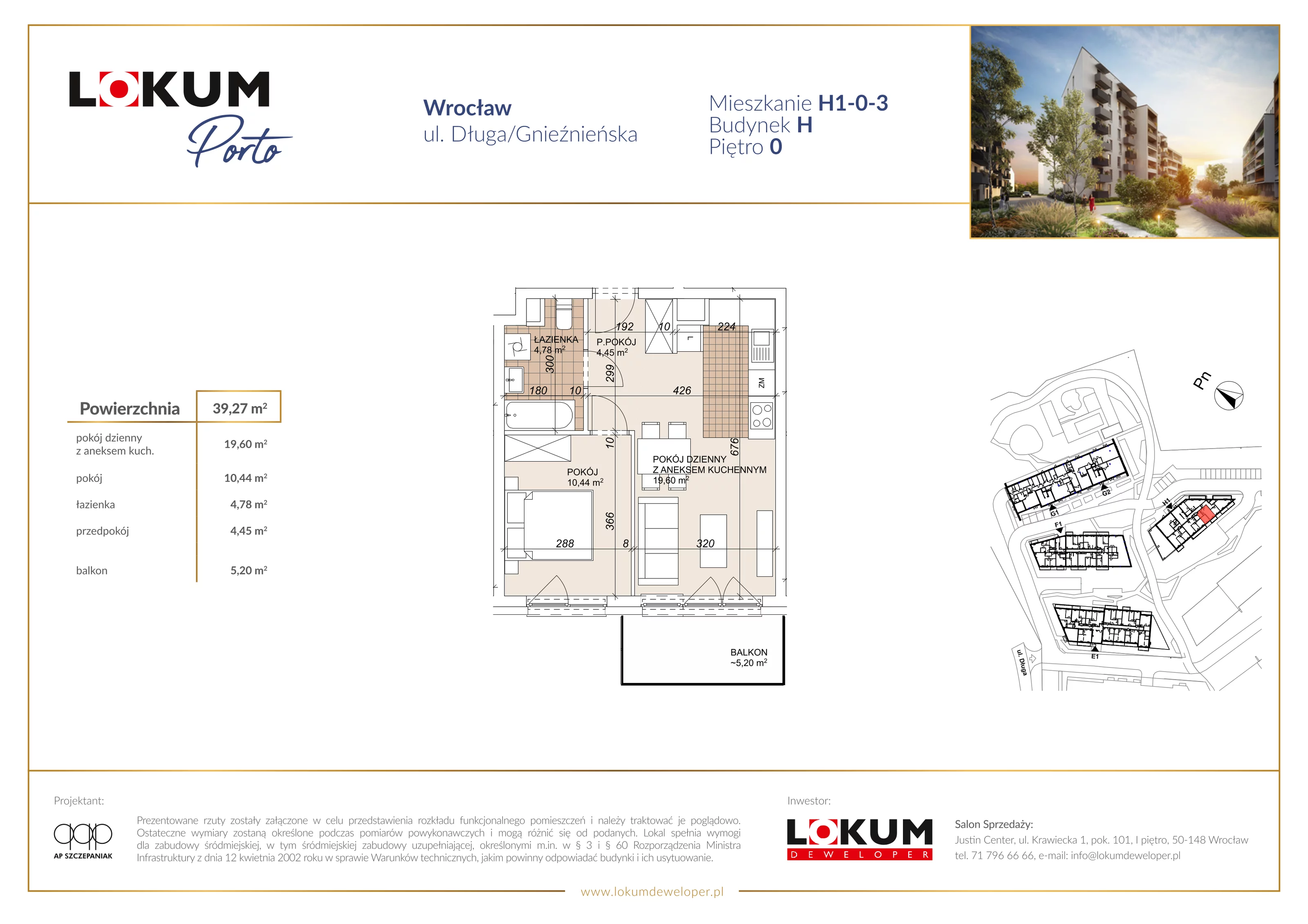 2 pokoje, mieszkanie 39,27 m², parter, oferta nr H1-0-3, Lokum Porto Etap VI, Wrocław, Szczepin, ul. Długa/Gnieźnieńska