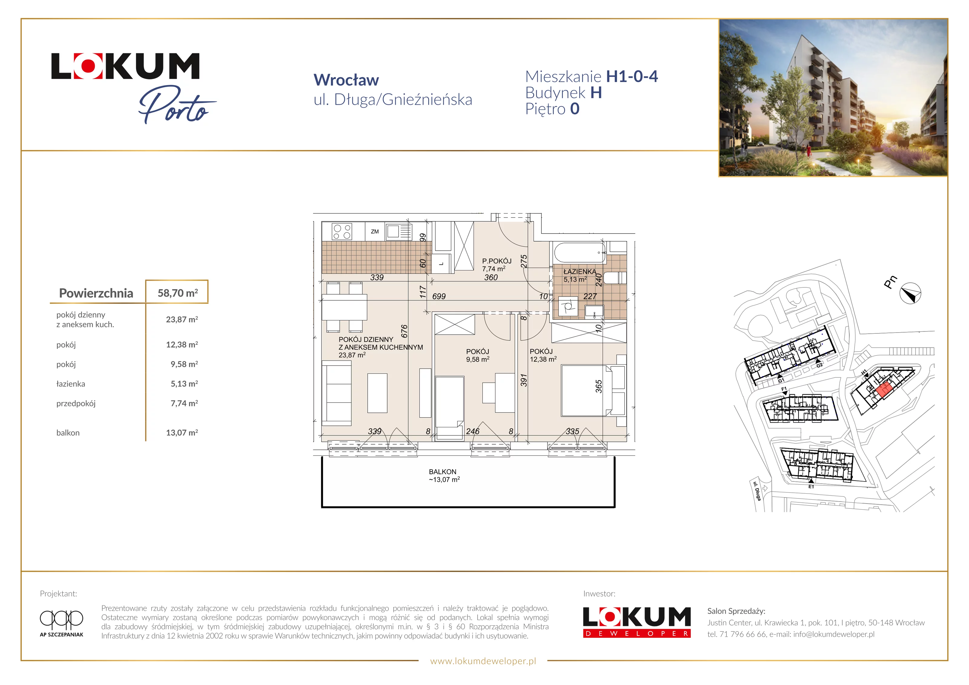3 pokoje, mieszkanie 58,70 m², parter, oferta nr H1-0-4, Lokum Porto Etap VI, Wrocław, Szczepin, ul. Długa/Gnieźnieńska