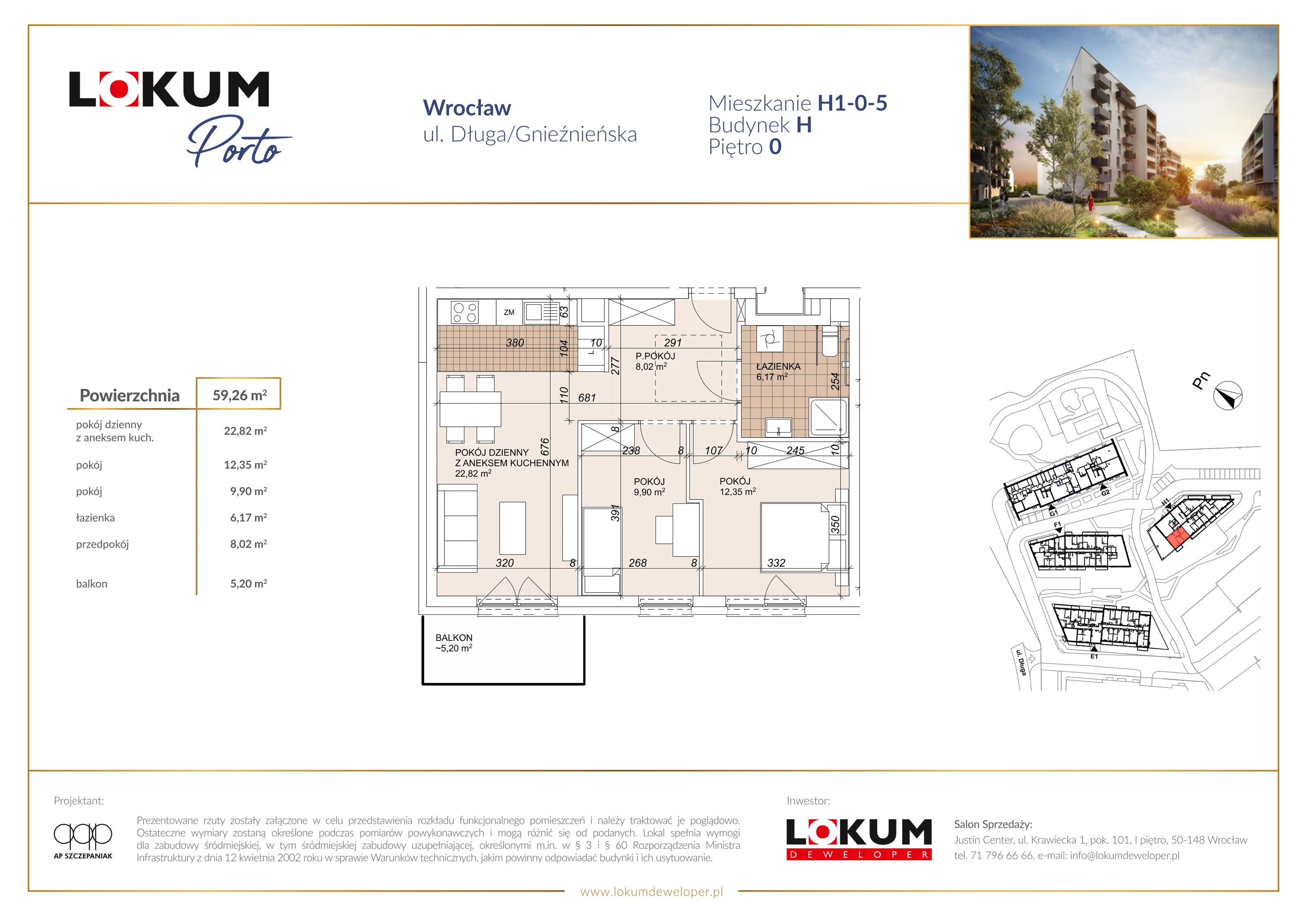 3 pokoje, mieszkanie 59,26 m², parter, oferta nr H1-0-5, Lokum Porto Etap VI, Wrocław, Szczepin, ul. Długa/Gnieźnieńska