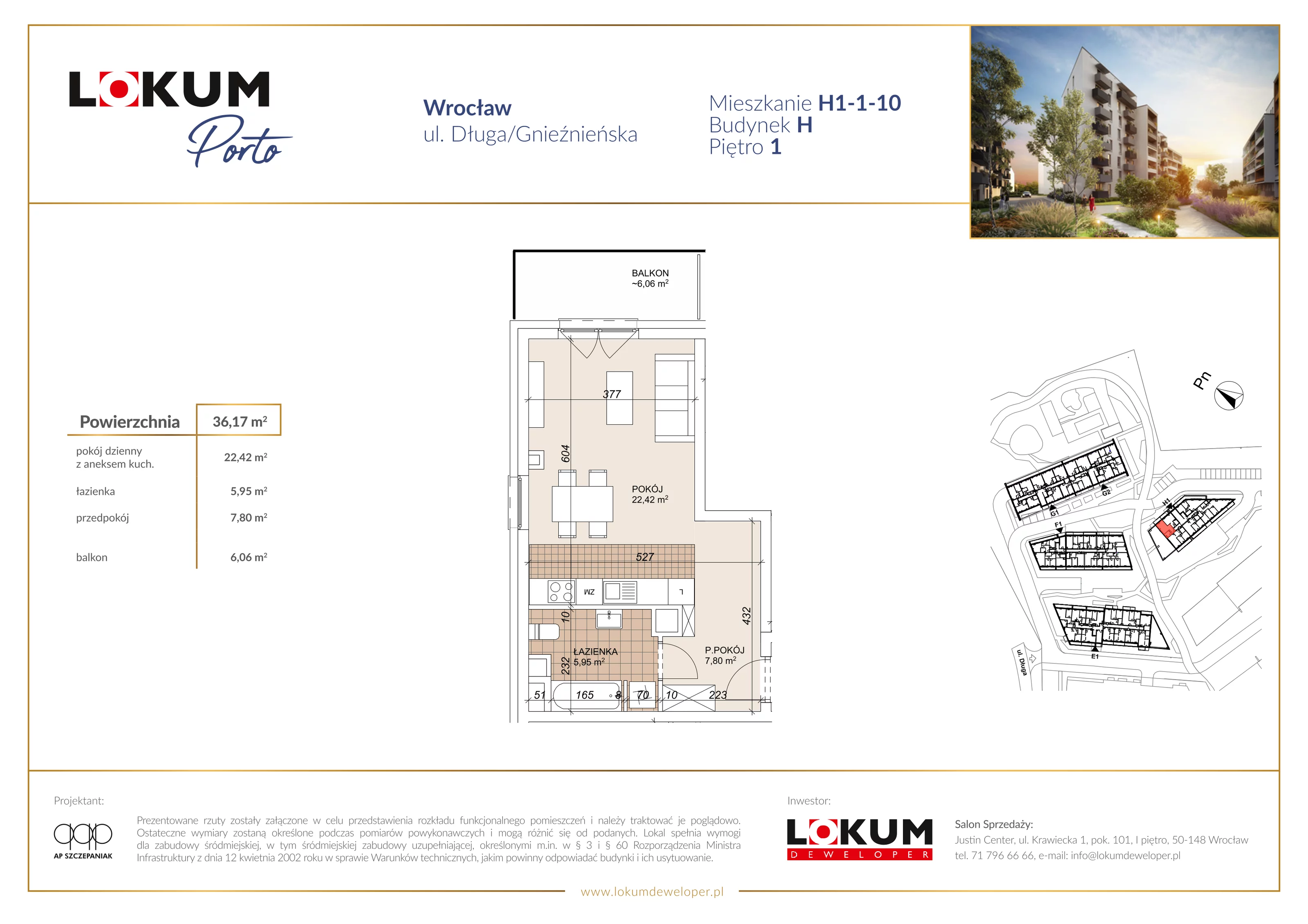 1 pokój, mieszkanie 36,17 m², piętro 1, oferta nr H1-1-10, Lokum Porto Etap VI, Wrocław, Szczepin, ul. Długa/Gnieźnieńska