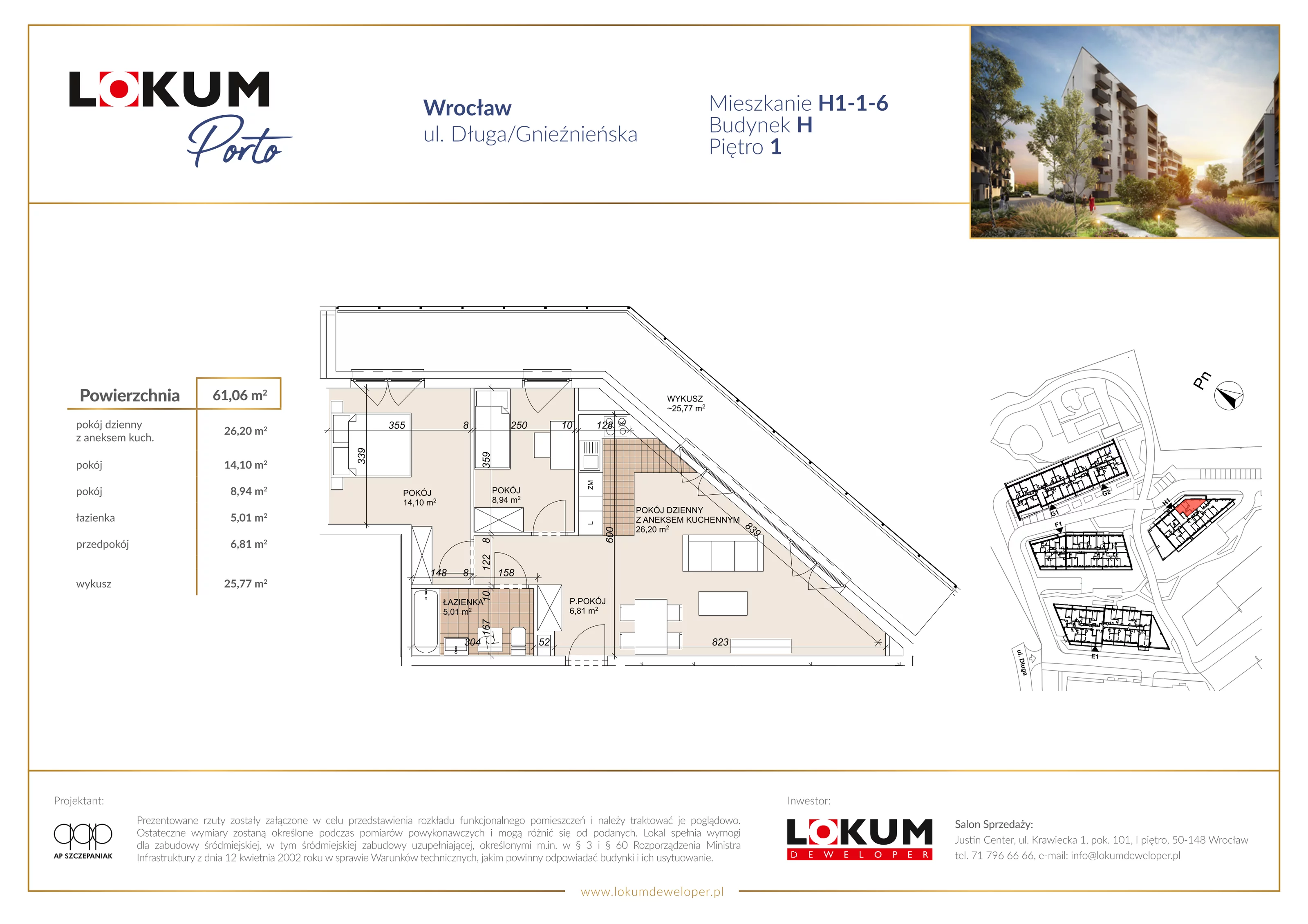3 pokoje, mieszkanie 61,06 m², piętro 1, oferta nr H1-1-6, Lokum Porto Etap VI, Wrocław, Szczepin, ul. Długa/Gnieźnieńska