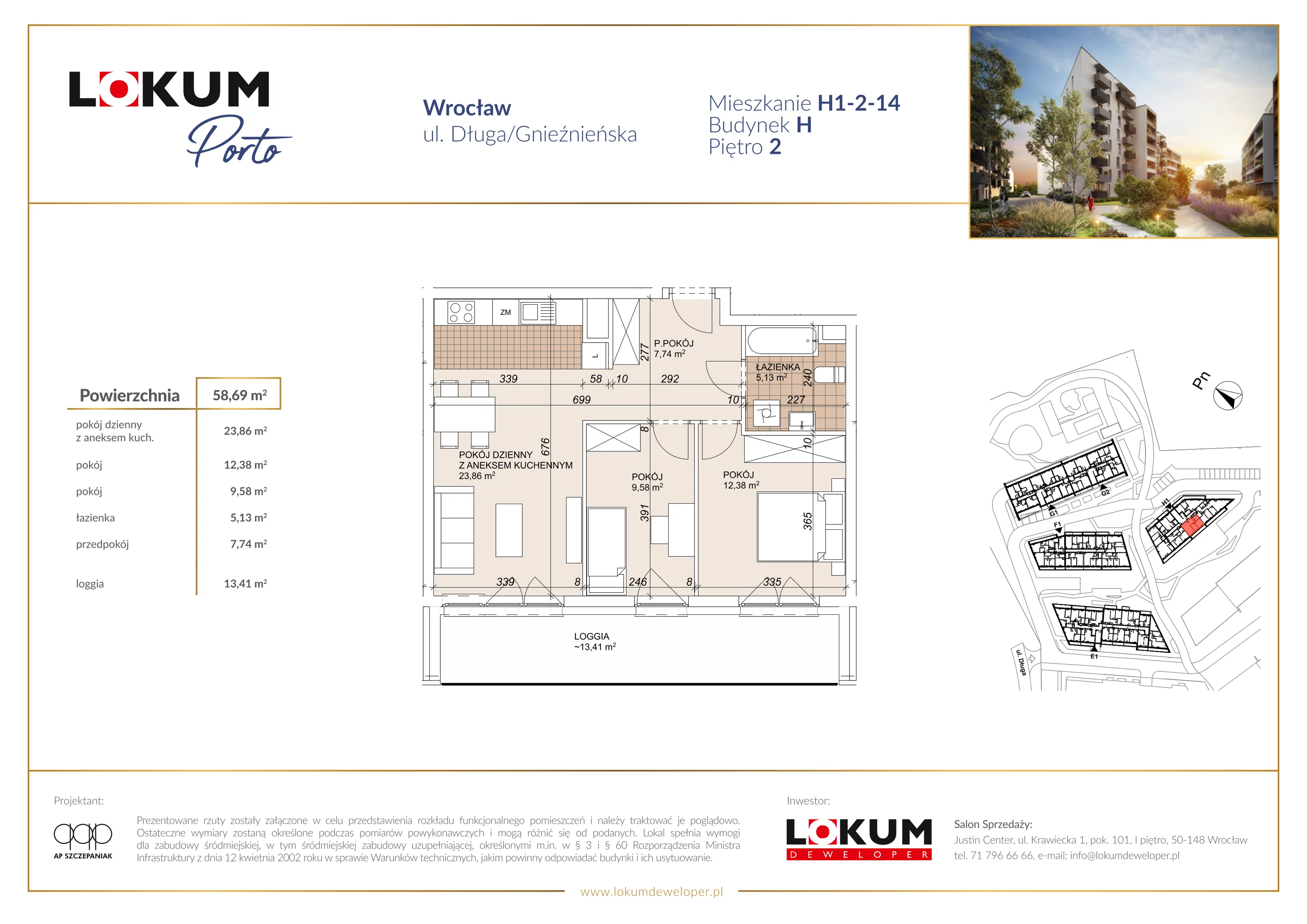 3 pokoje, mieszkanie 58,69 m², piętro 2, oferta nr H1-2-14, Lokum Porto Etap VI, Wrocław, Szczepin, ul. Długa/Gnieźnieńska
