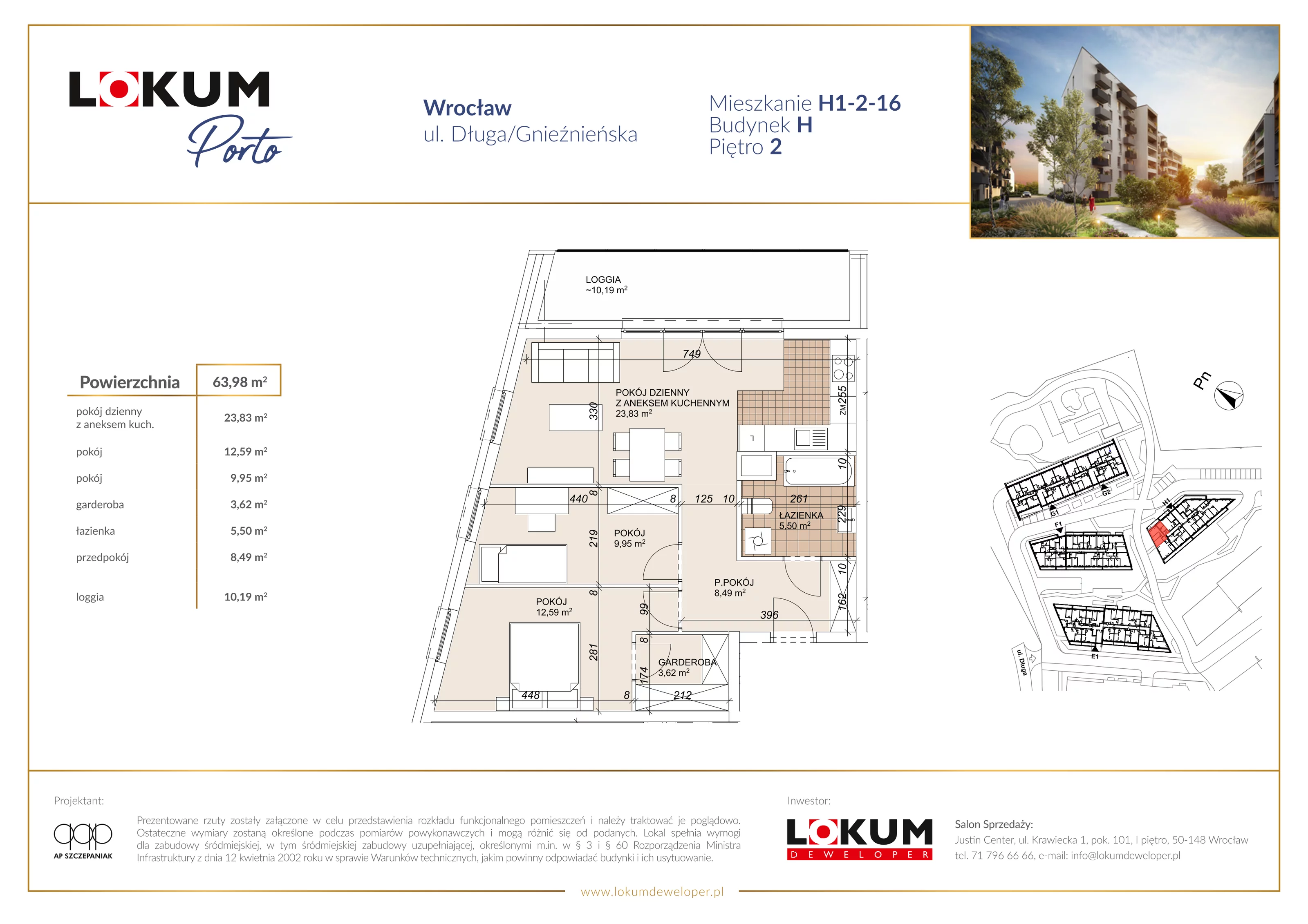 3 pokoje, mieszkanie 63,98 m², piętro 2, oferta nr H1-2-16, Lokum Porto Etap VI, Wrocław, Szczepin, ul. Długa/Gnieźnieńska